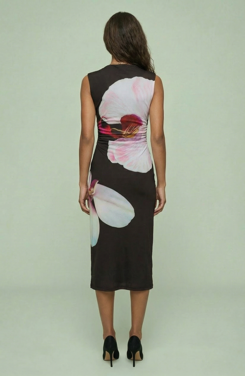 Abstract Floral Sleeveless Midi Dress with Asymmetric Silhouette