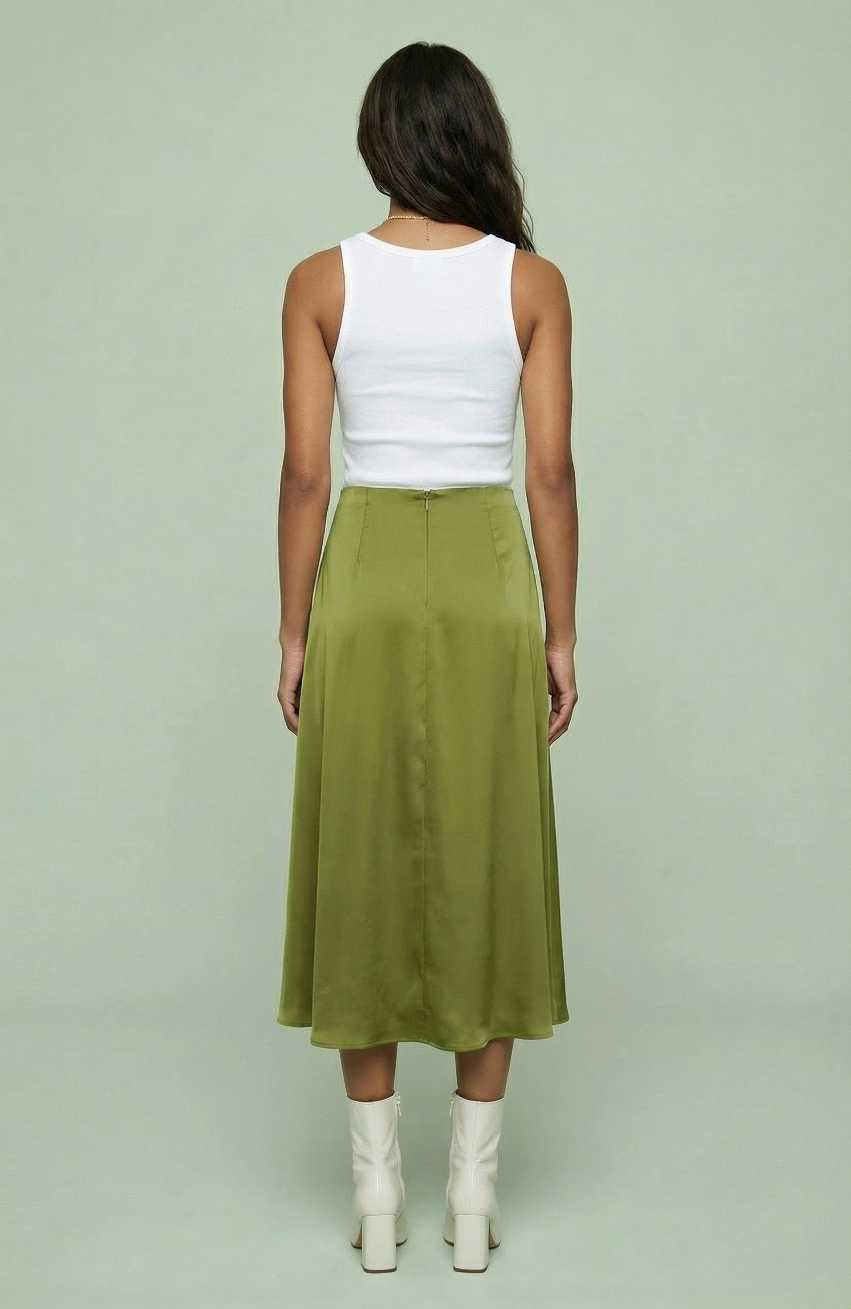 Satin Midi Slip Skirt with Fluid Drape
