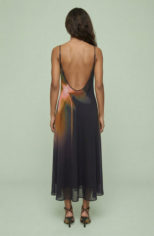 Abstract Floral Slip Midi Dress with Sheer Overlay