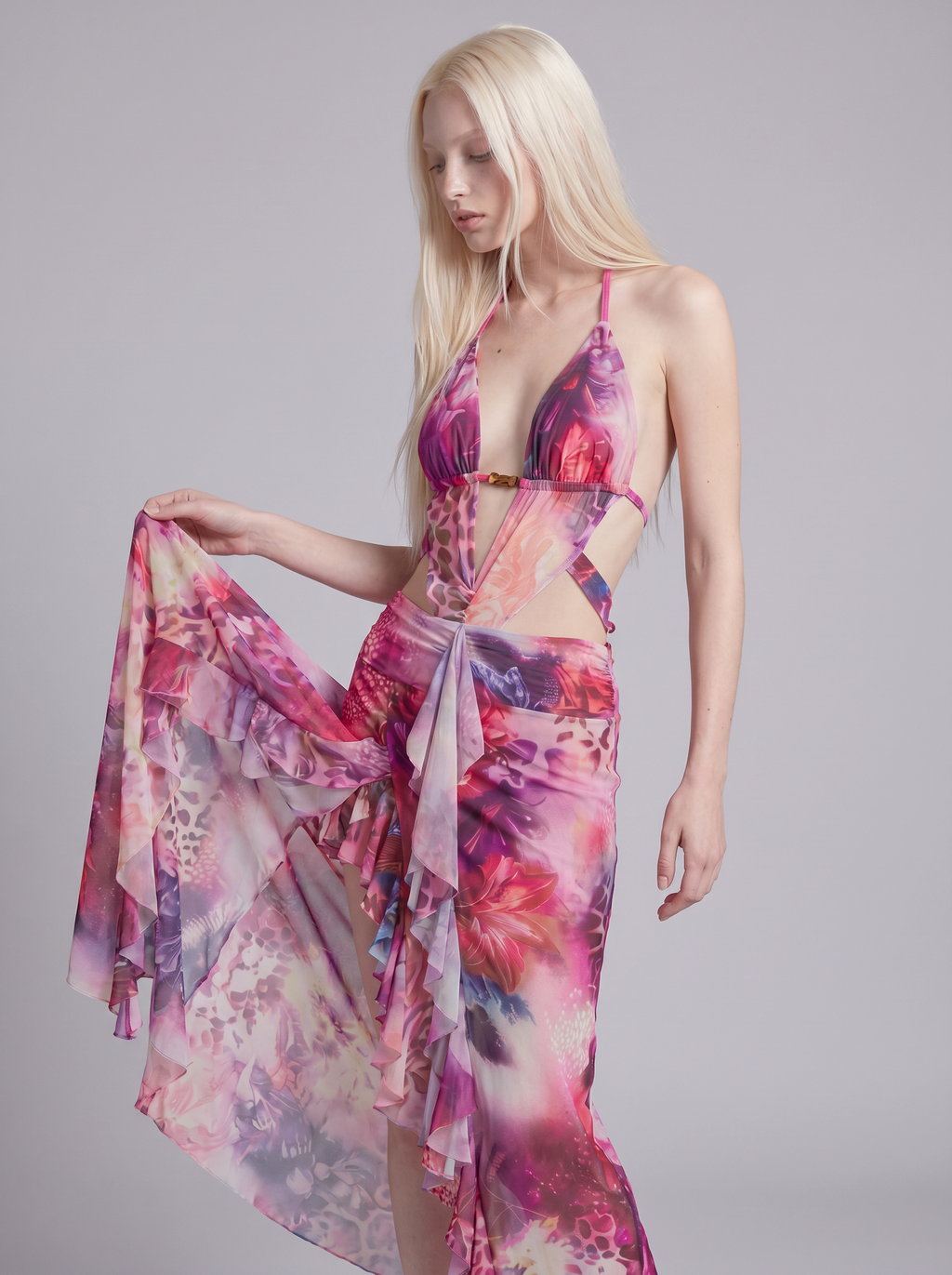 Cutout Halter Maxi Dress with Ruffled High Slit and Sheer Overlay