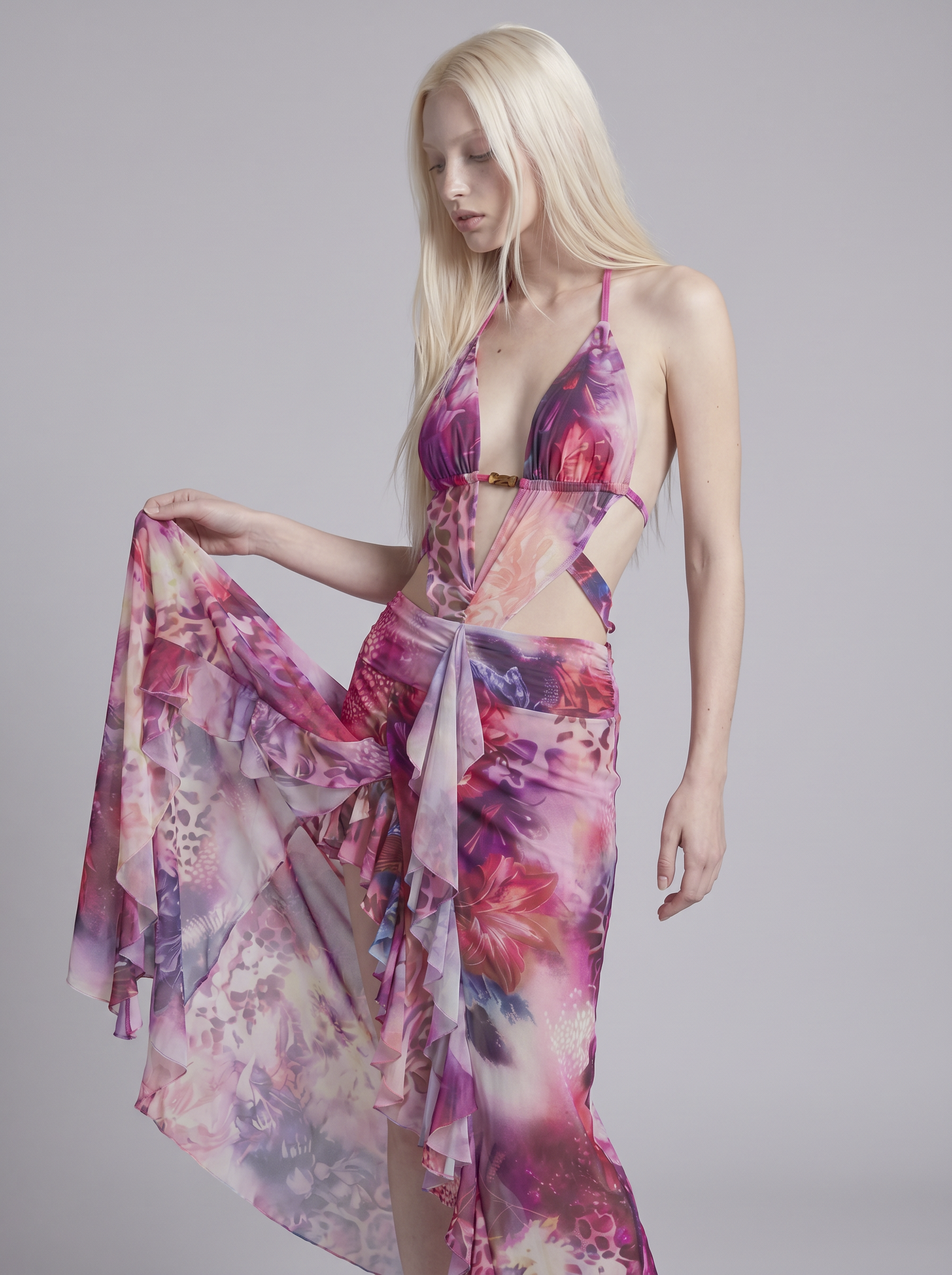 Cutout Halter Maxi Dress with Ruffled High Slit and Sheer Overlay