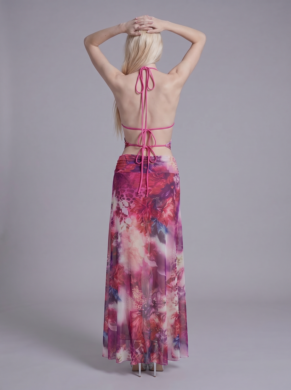 Cutout Halter Maxi Dress with Ruffled High Slit and Sheer Overlay