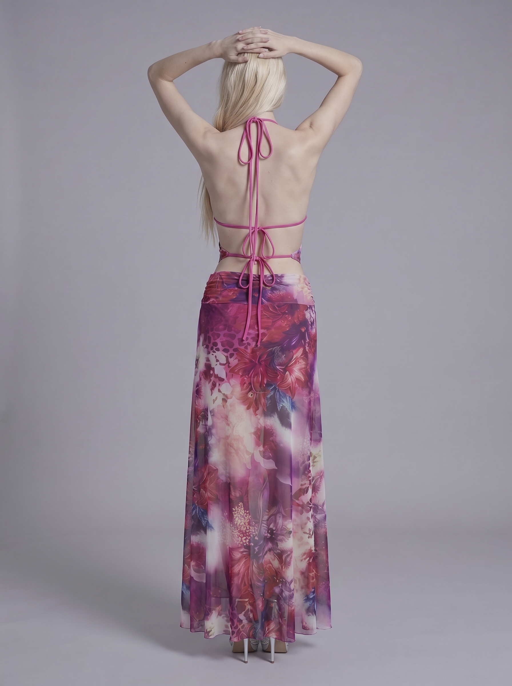 Cutout Halter Maxi Dress with Ruffled High Slit and Sheer Overlay