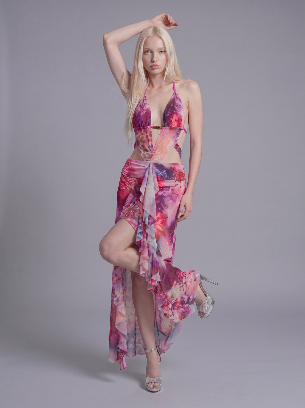 Cutout Halter Maxi Dress with Ruffled High Slit and Sheer Overlay