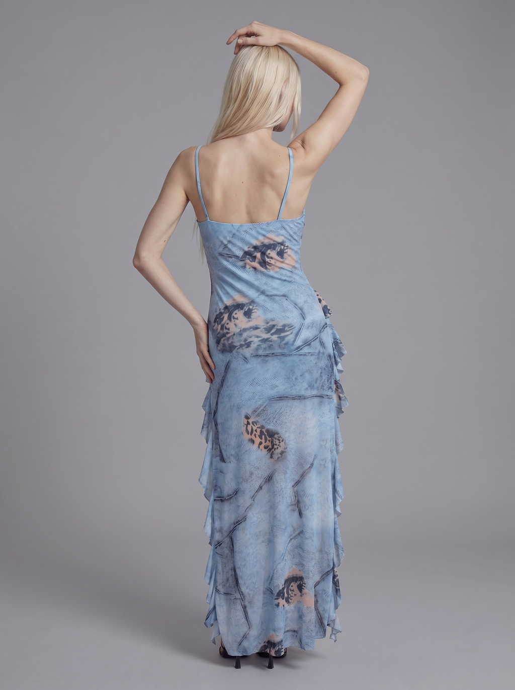 Ruffle Hem Midi Dress with Front Tie Cutout and High Low Silhouette