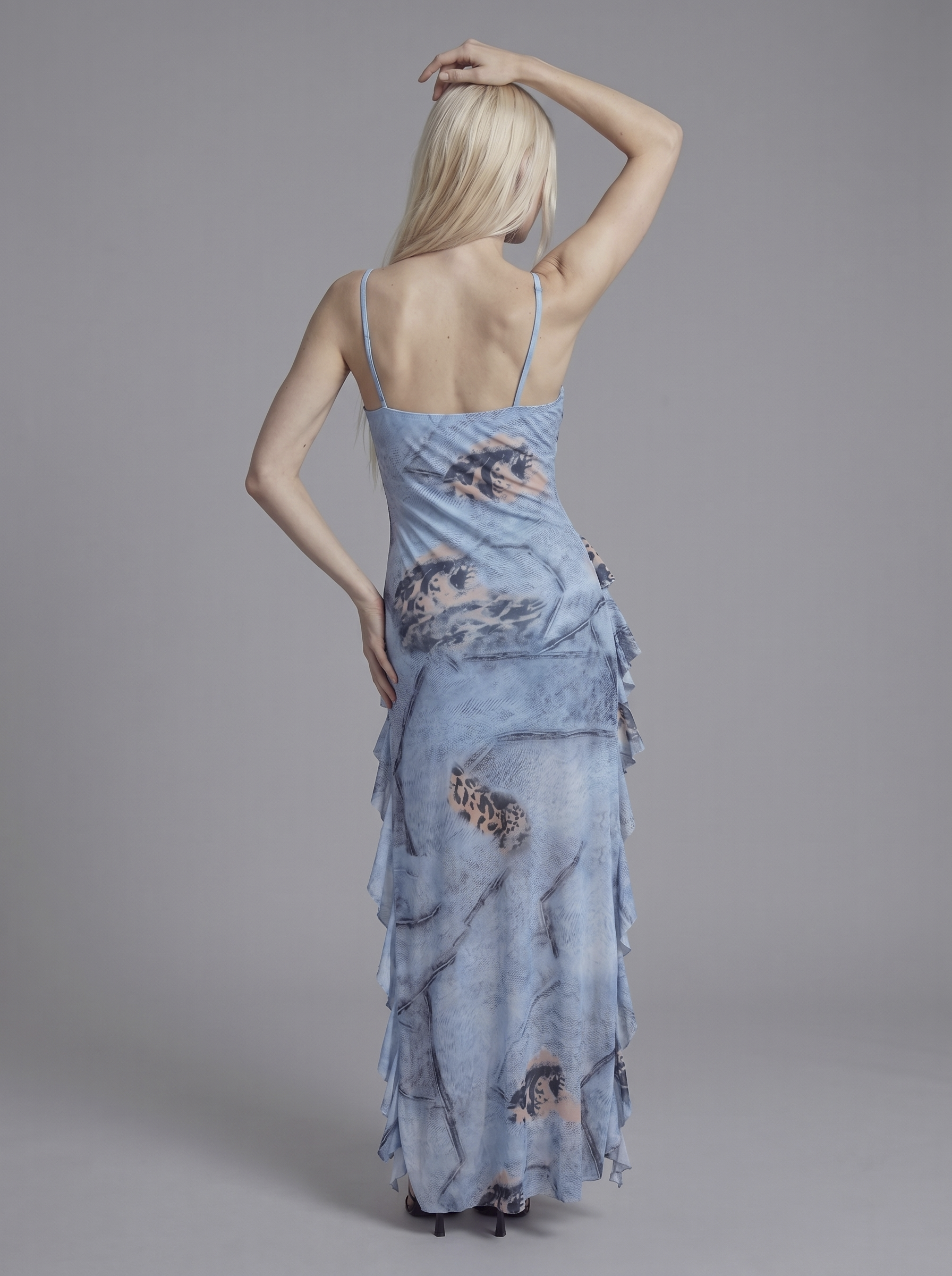 Ruffle Hem Midi Dress with Front Tie Cutout and High Low Silhouette