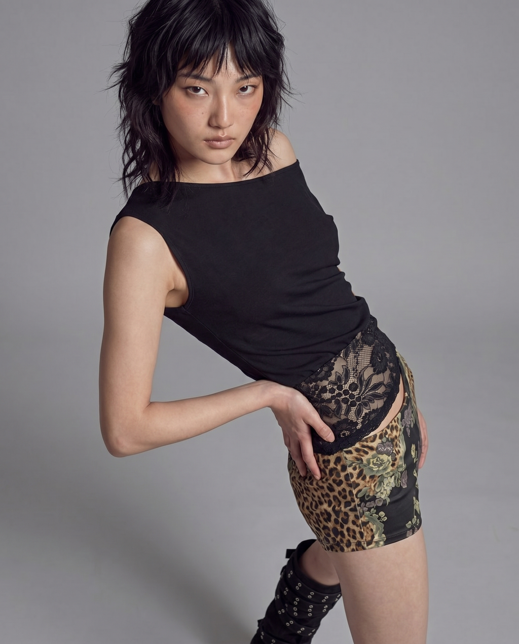 Asymmetric Off Shoulder Top with Lace Waist Panel and Fitted Silhouette