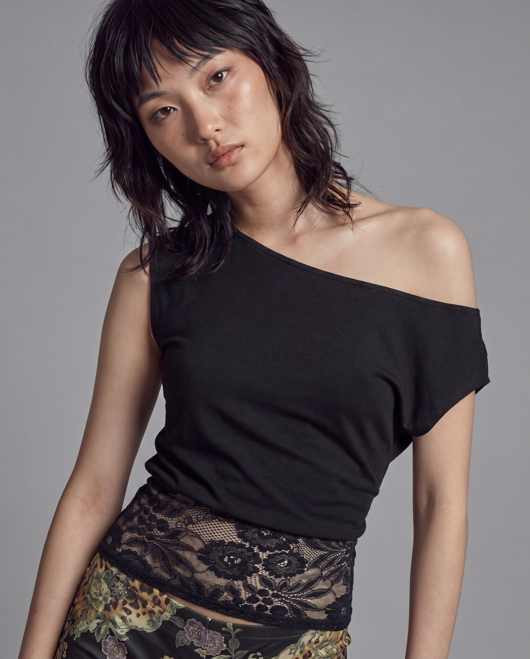 Asymmetric Off Shoulder Top with Lace Waist Panel and Fitted Silhouette