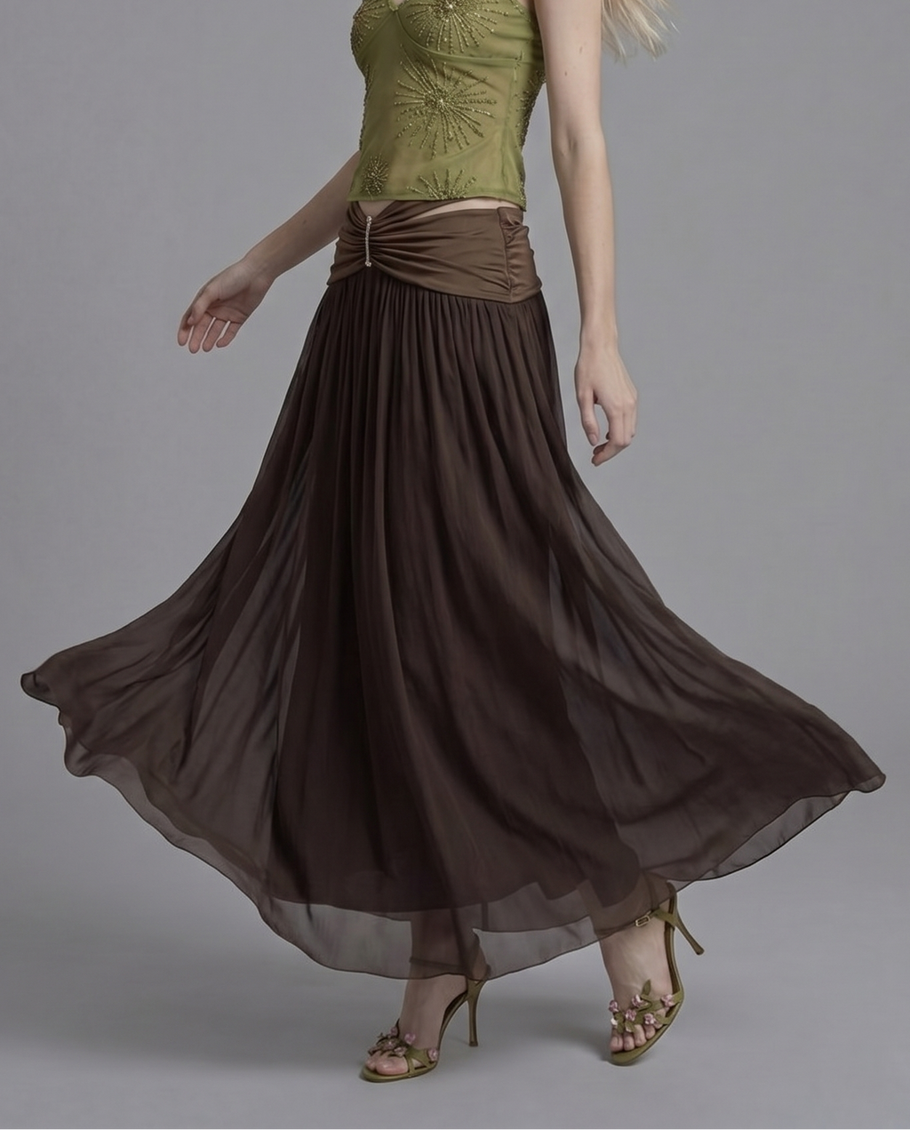 Ruched Waist Maxi Skirt with Hardware Detail and Sheer Overlay