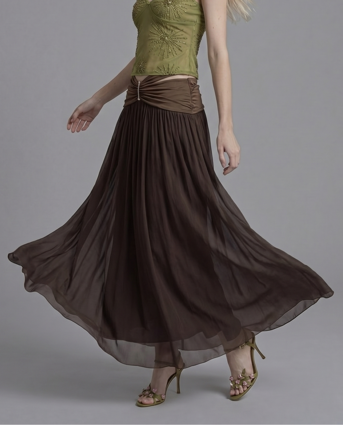 Ruched Waist Maxi Skirt with Hardware Detail and Sheer Overlay