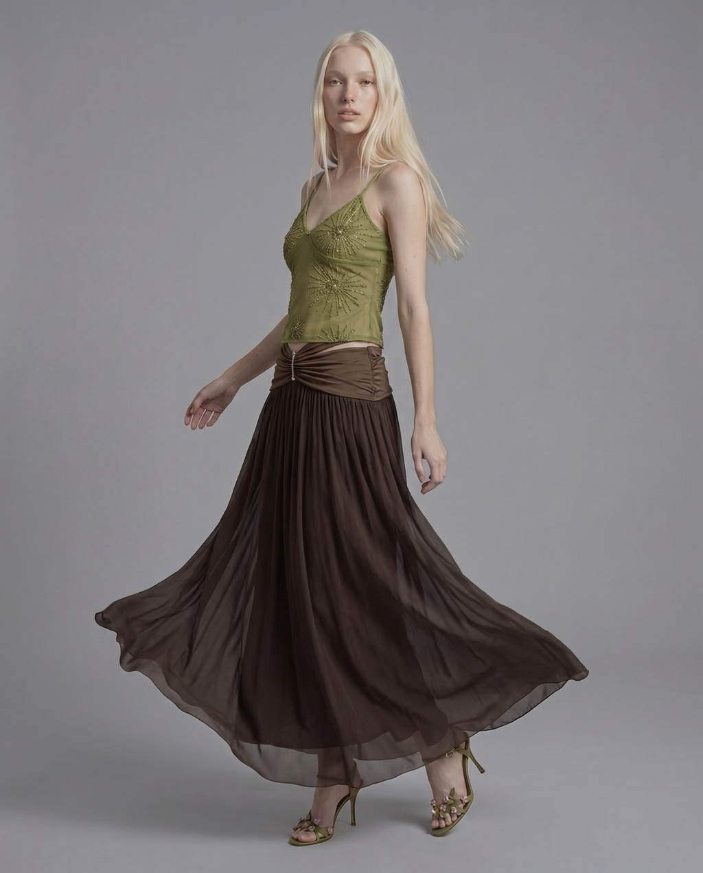 Ruched Waist Maxi Skirt with Hardware Detail and Sheer Overlay