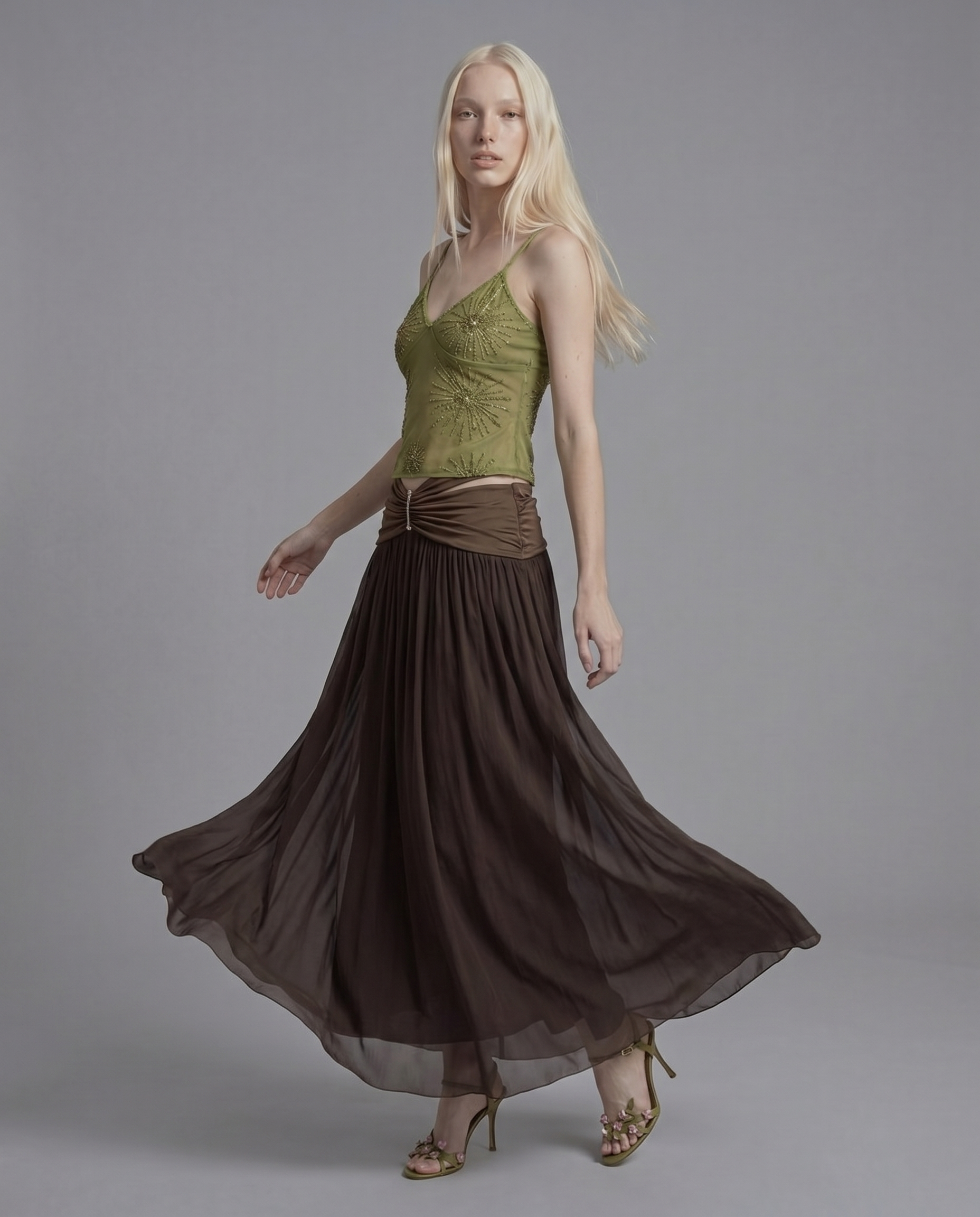 Ruched Waist Maxi Skirt with Hardware Detail and Sheer Overlay