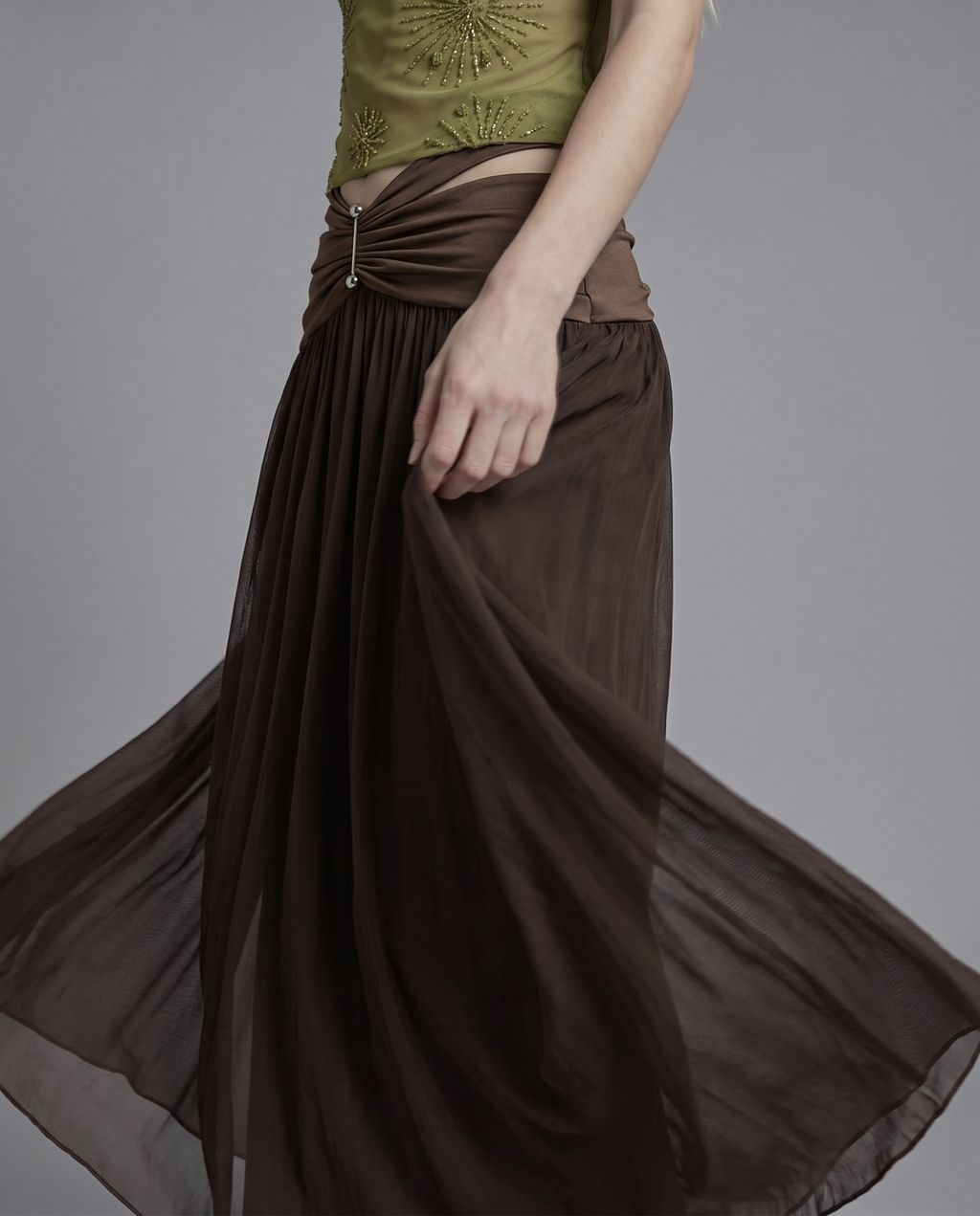 Ruched Waist Maxi Skirt with Hardware Detail and Sheer Overlay