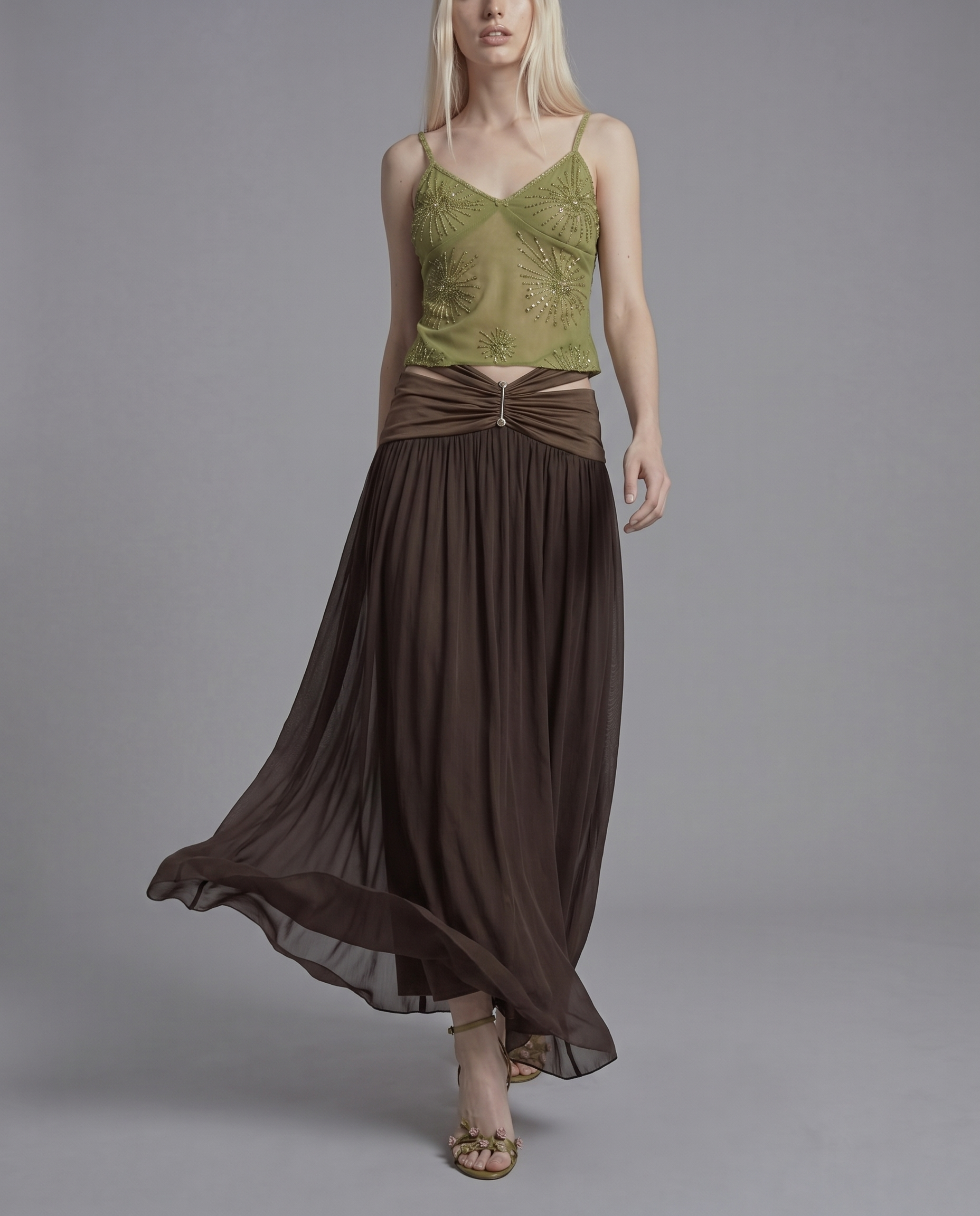 Ruched Waist Maxi Skirt with Hardware Detail and Sheer Overlay