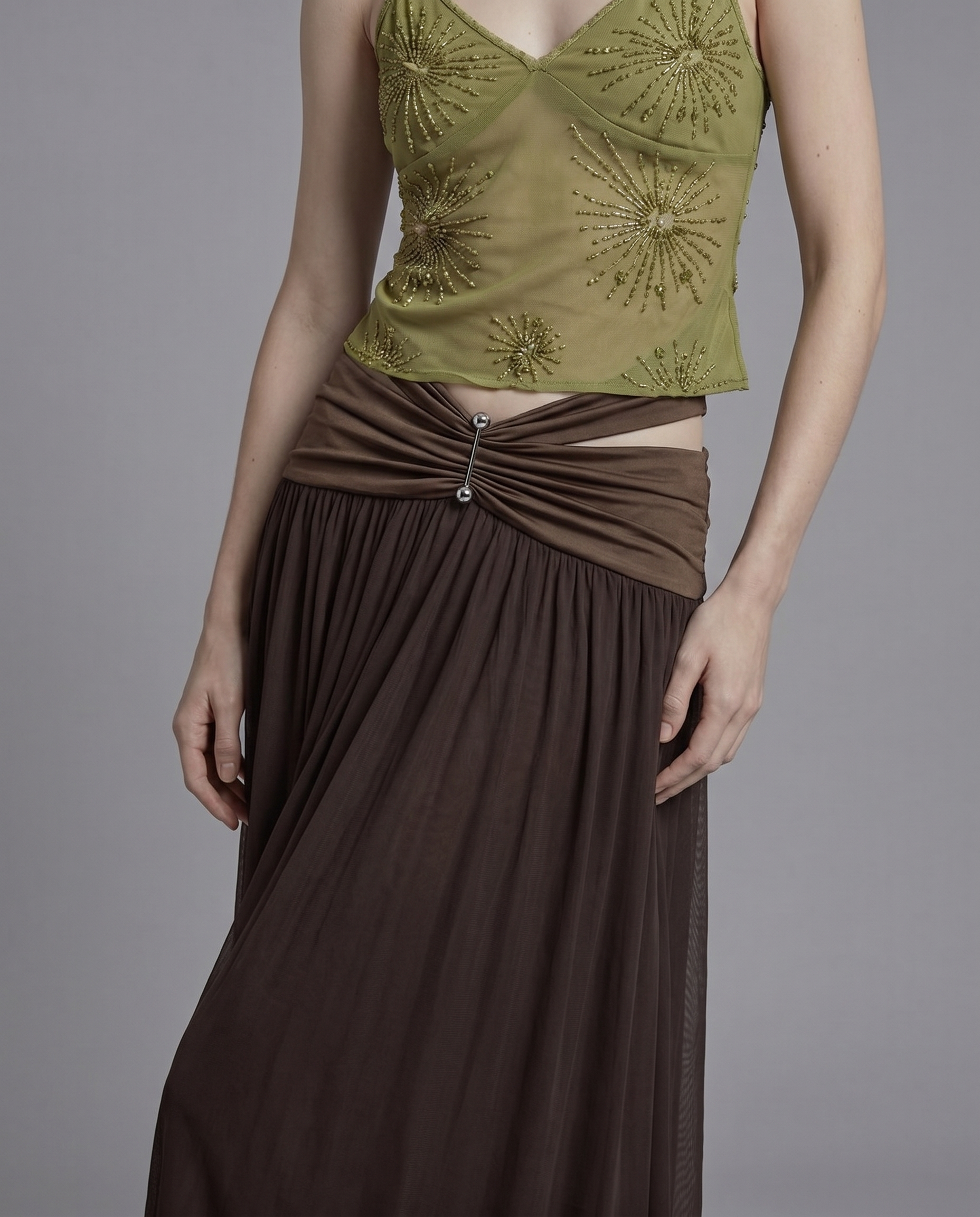 Ruched Waist Maxi Skirt with Hardware Detail and Sheer Overlay