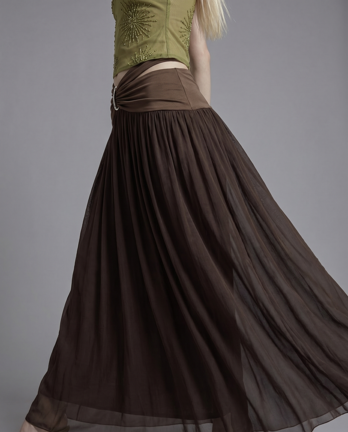 Ruched Waist Maxi Skirt with Hardware Detail and Sheer Overlay