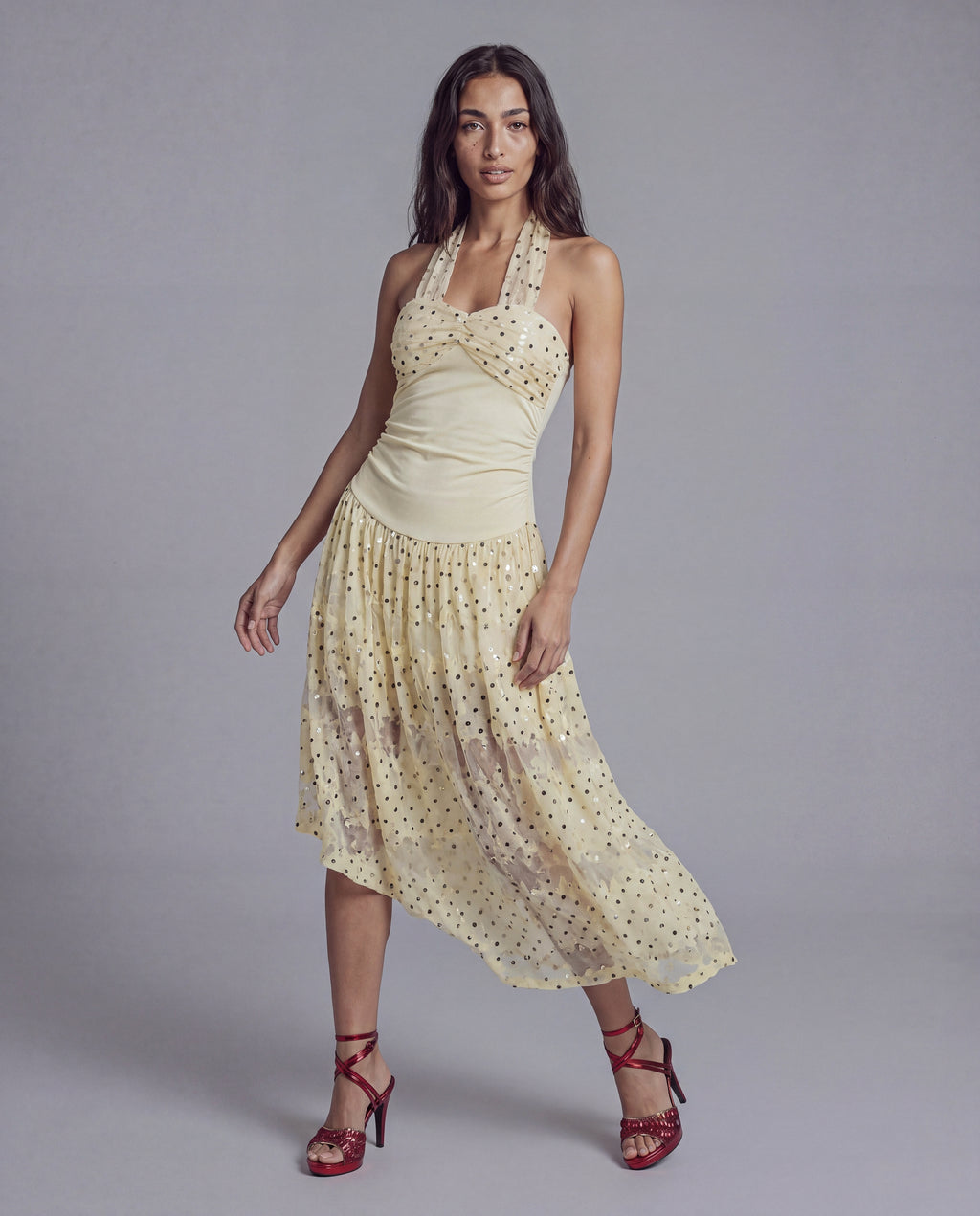 Halter Midi Dress with Sequined Mesh Overlay and Draped Bodice Detail