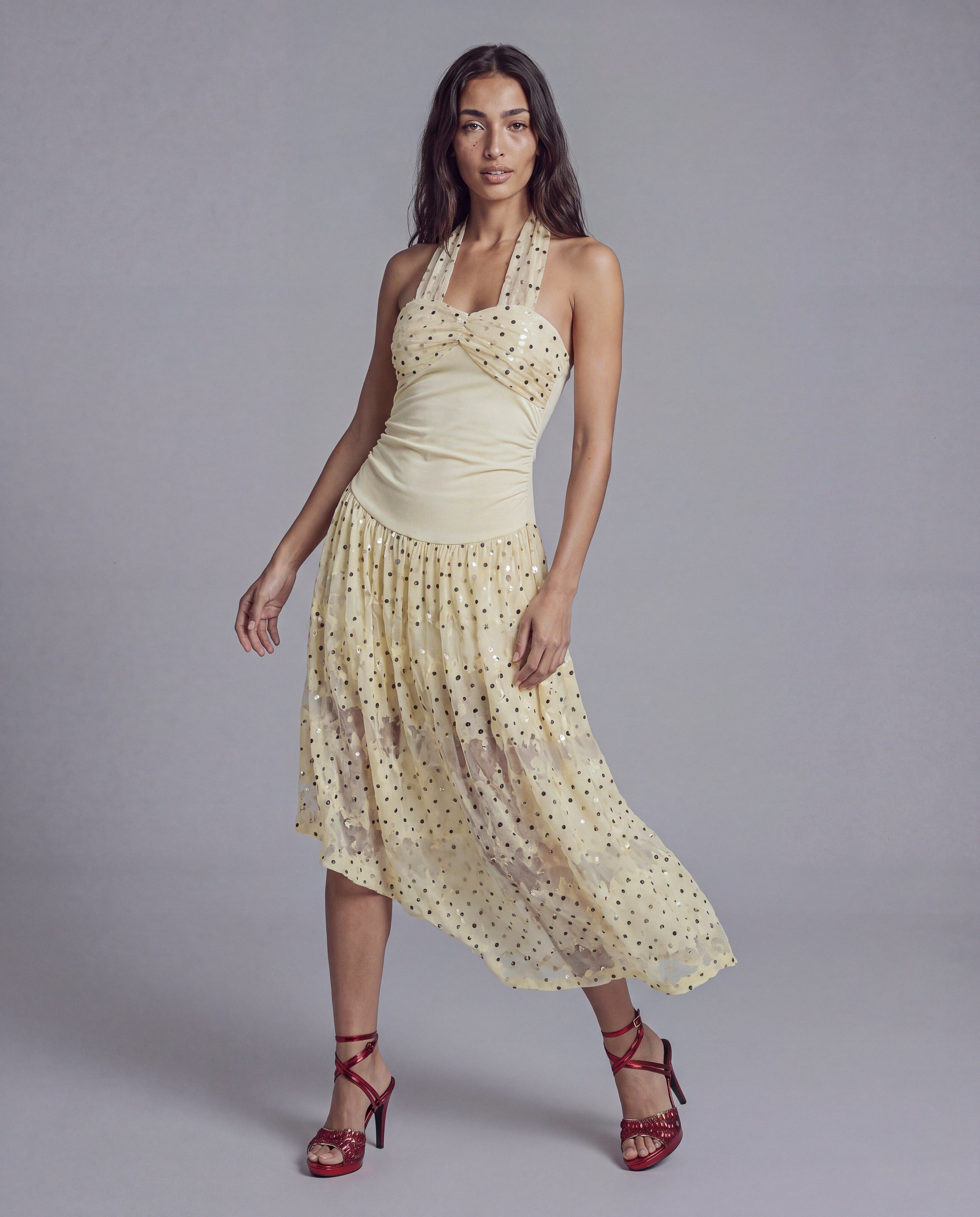 Halter Midi Dress with Sequined Mesh Overlay and Draped Bodice Detail