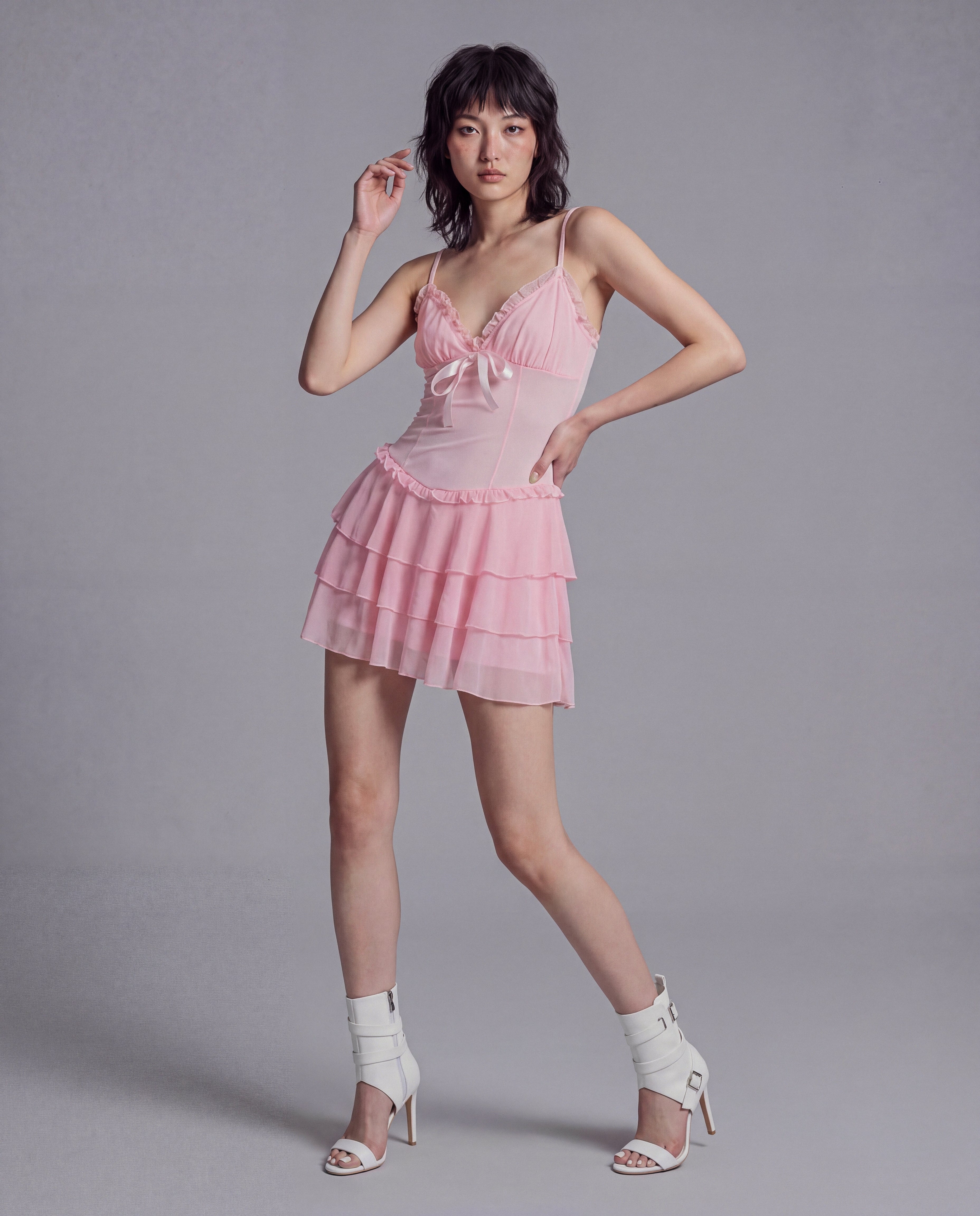 Sheer Mesh Mini Dress with Tiered Ruffle Skirt and Satin Bow Detail