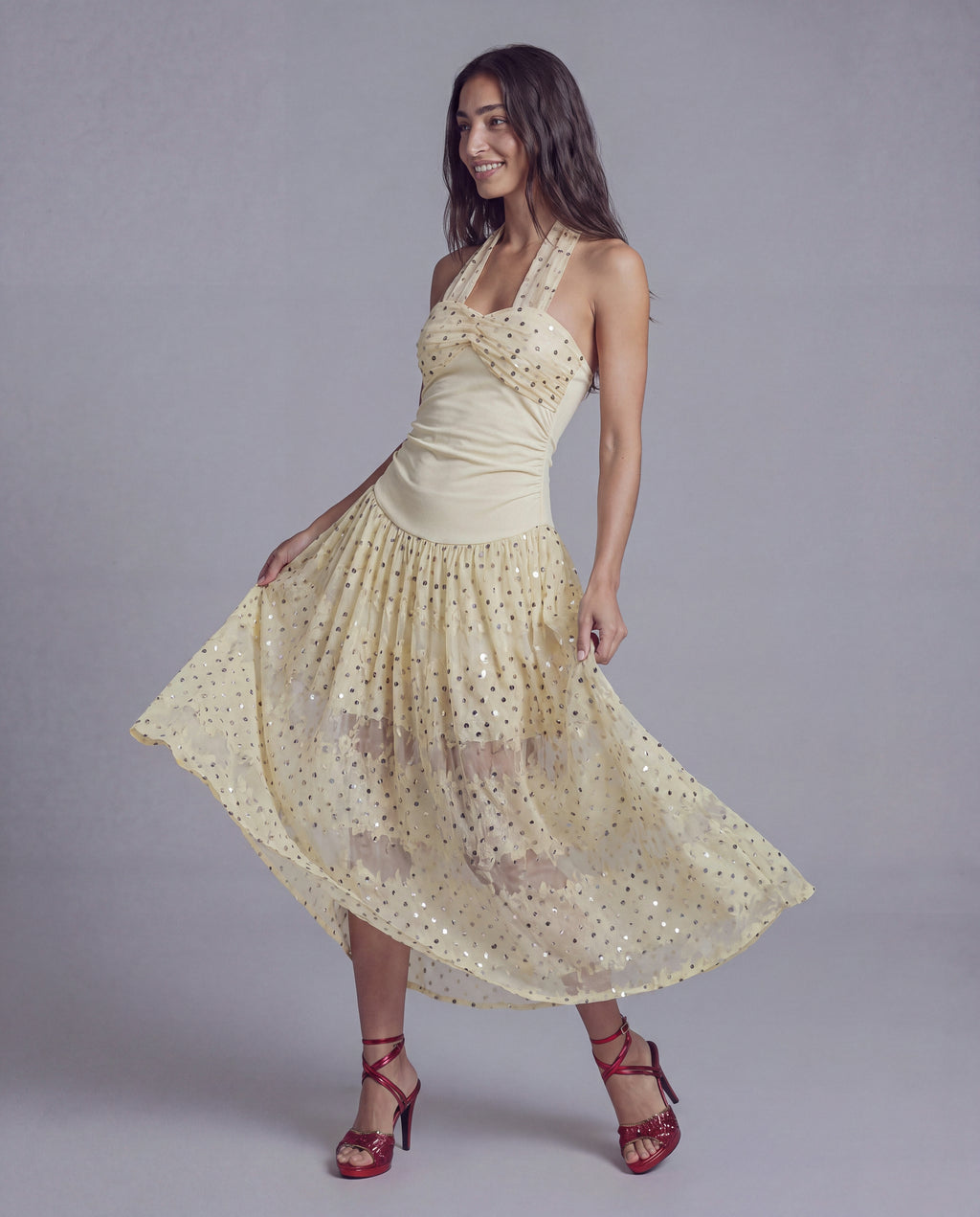 Halter Midi Dress with Sequined Mesh Overlay and Draped Bodice Detail