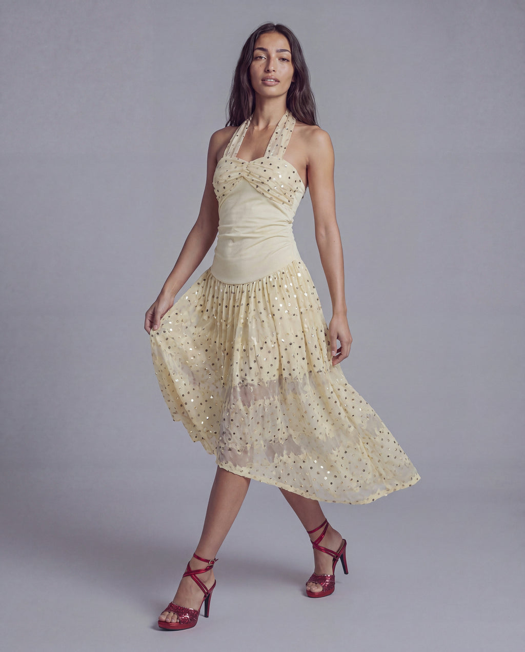 Halter Midi Dress with Sequined Mesh Overlay and Draped Bodice Detail