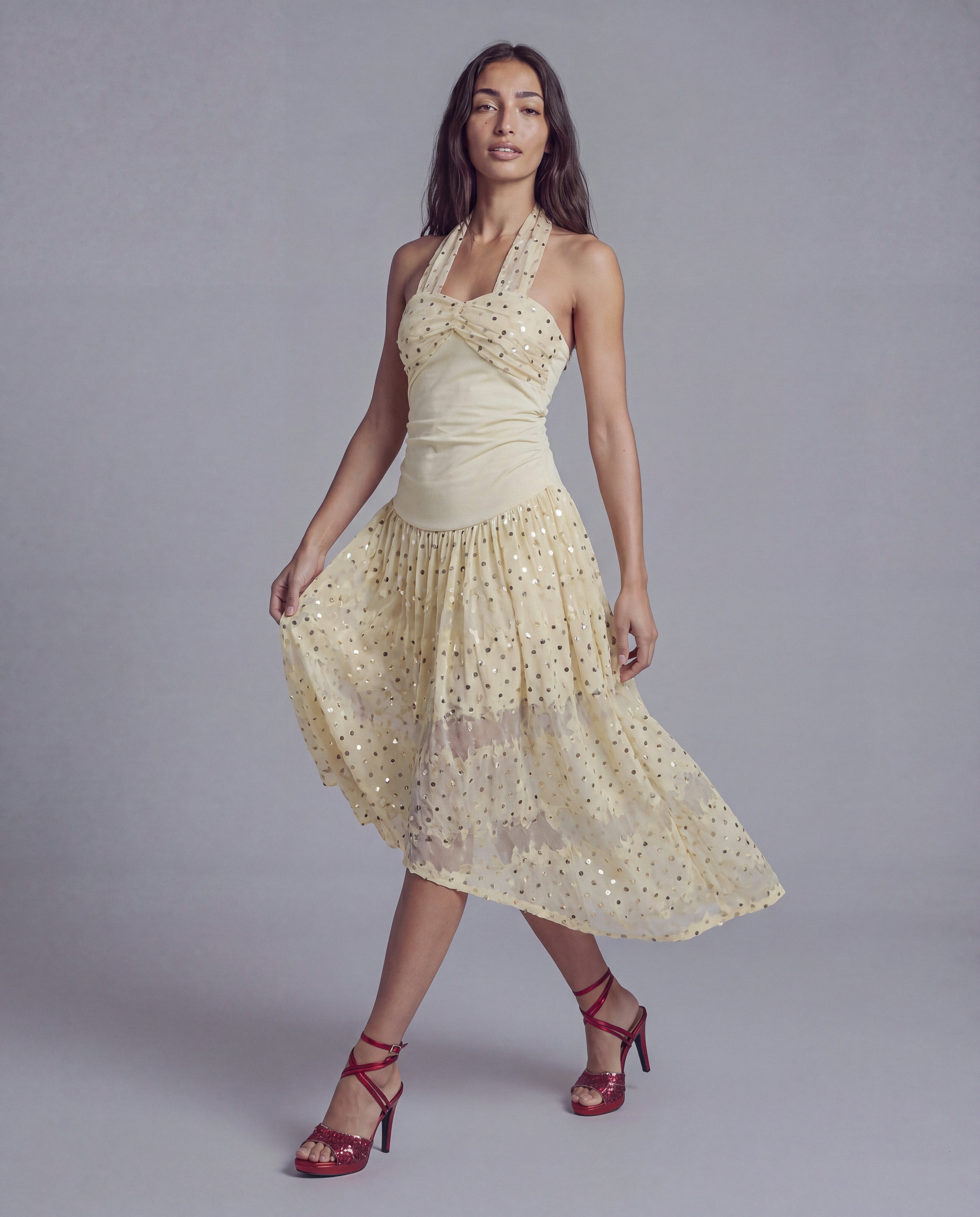 Halter Midi Dress with Sequined Mesh Overlay and Draped Bodice Detail