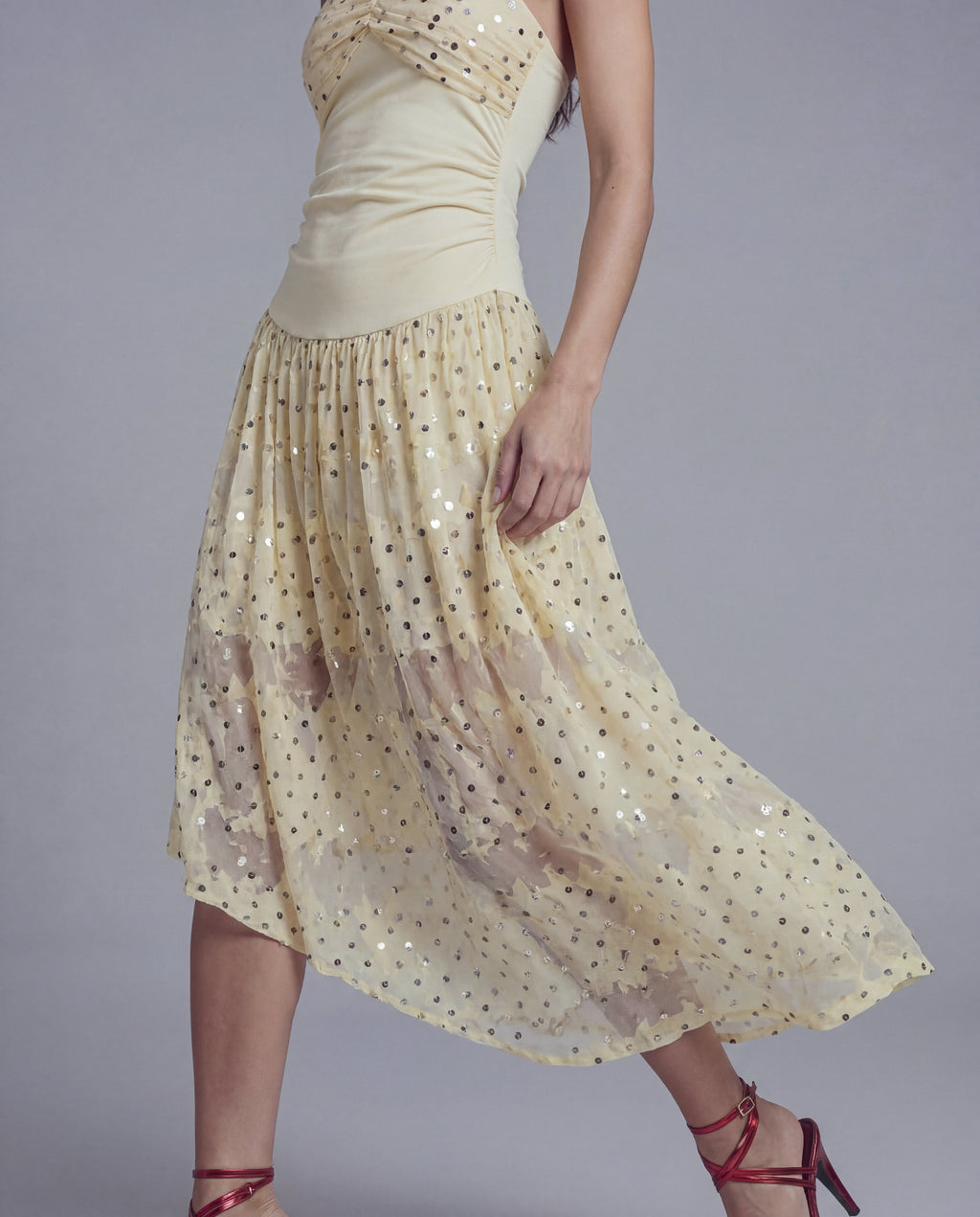Halter Midi Dress with Sequined Mesh Overlay and Draped Bodice Detail