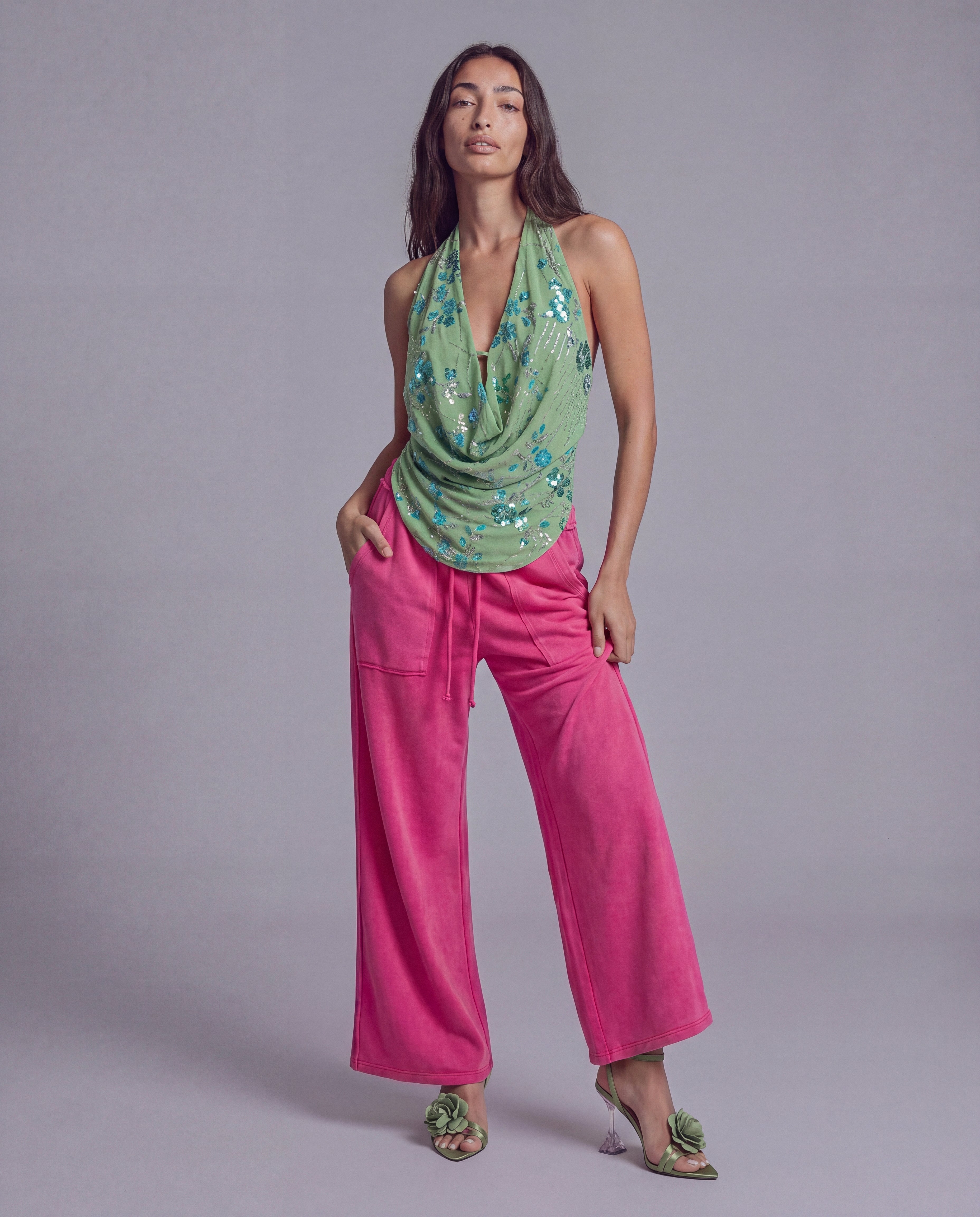 Sequined Halter Top with Draped Cowl Neck and Ruched Waist
