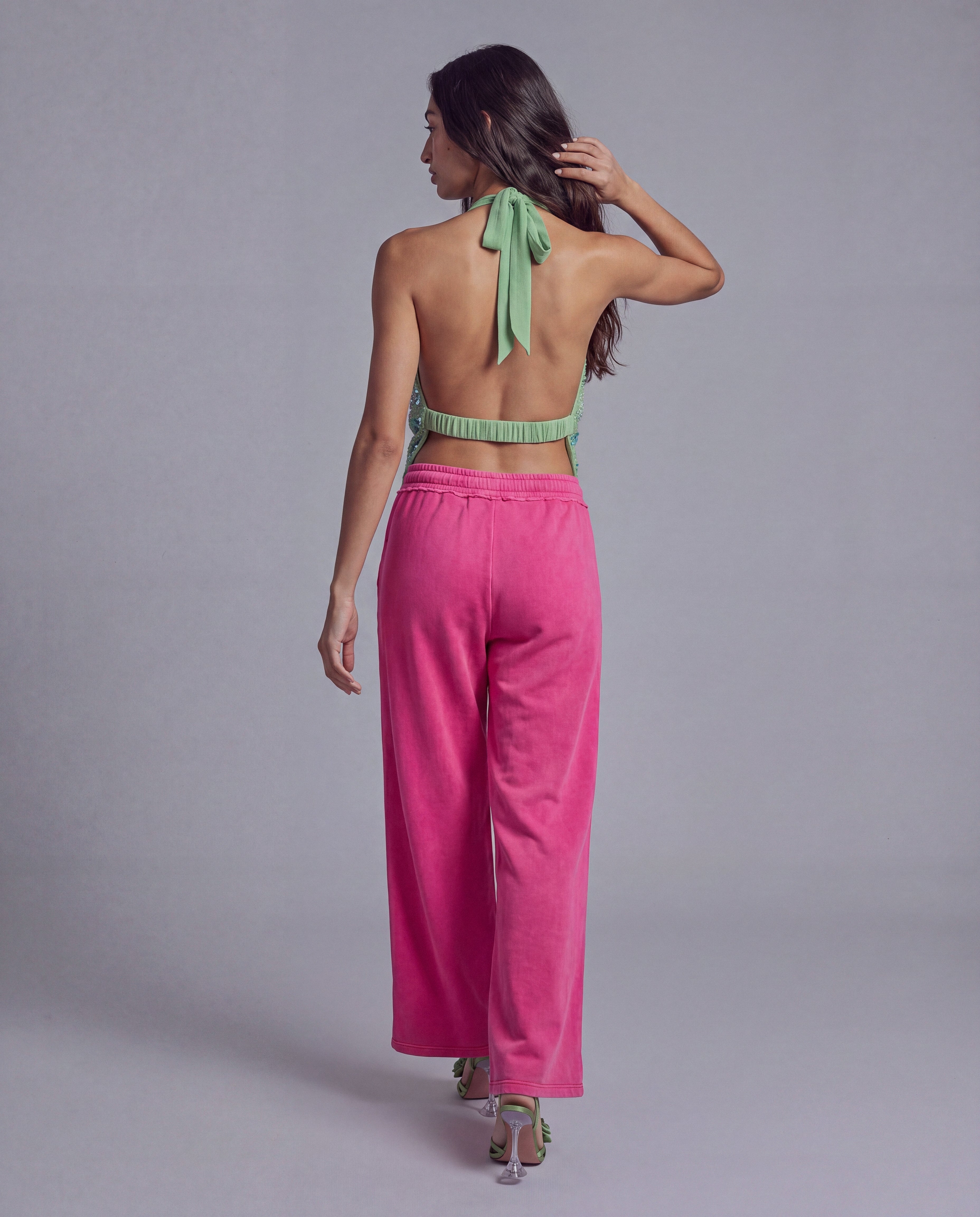 Sequined Halter Top with Draped Cowl Neck and Ruched Waist