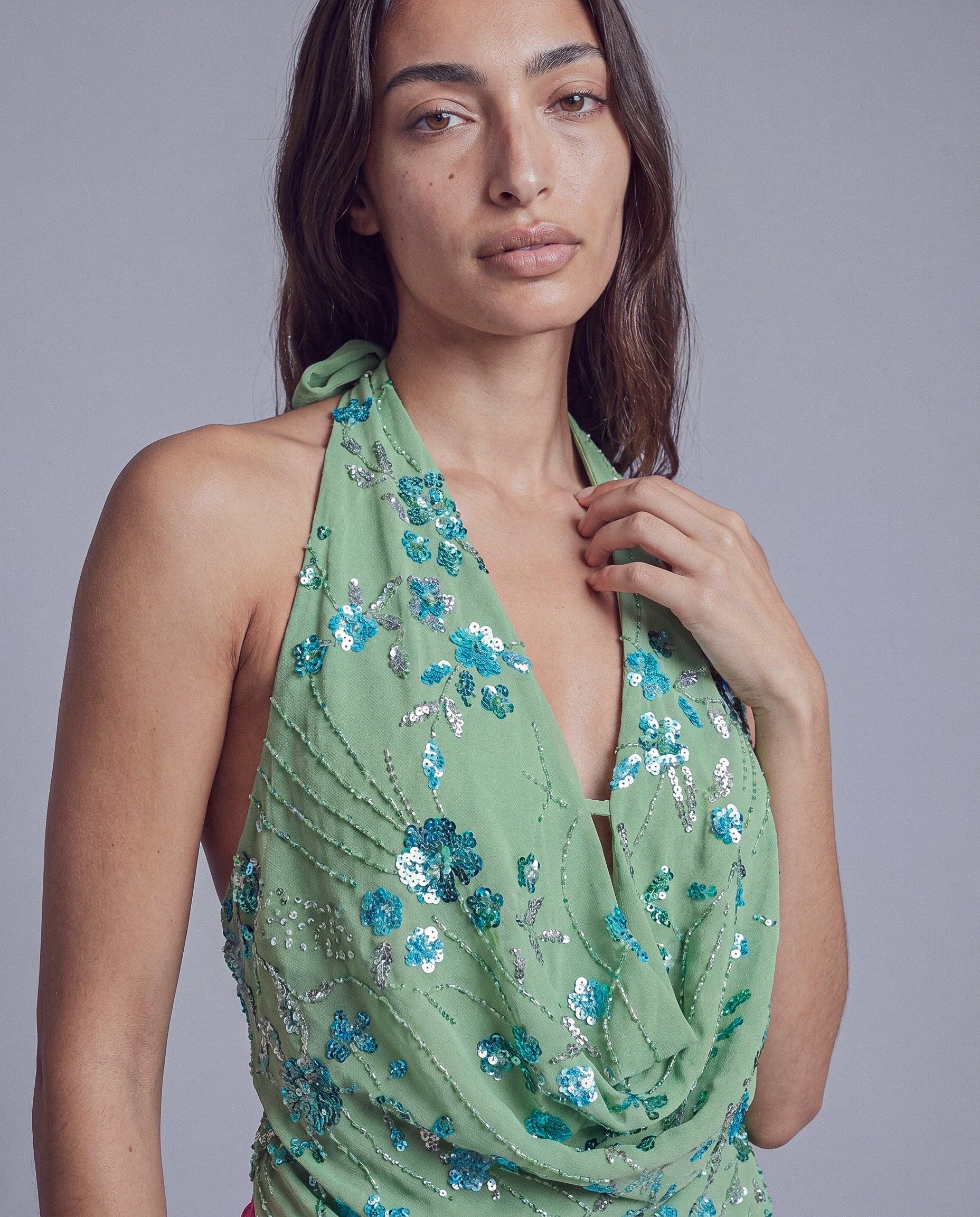 Sequined Halter Top with Draped Cowl Neck and Ruched Waist