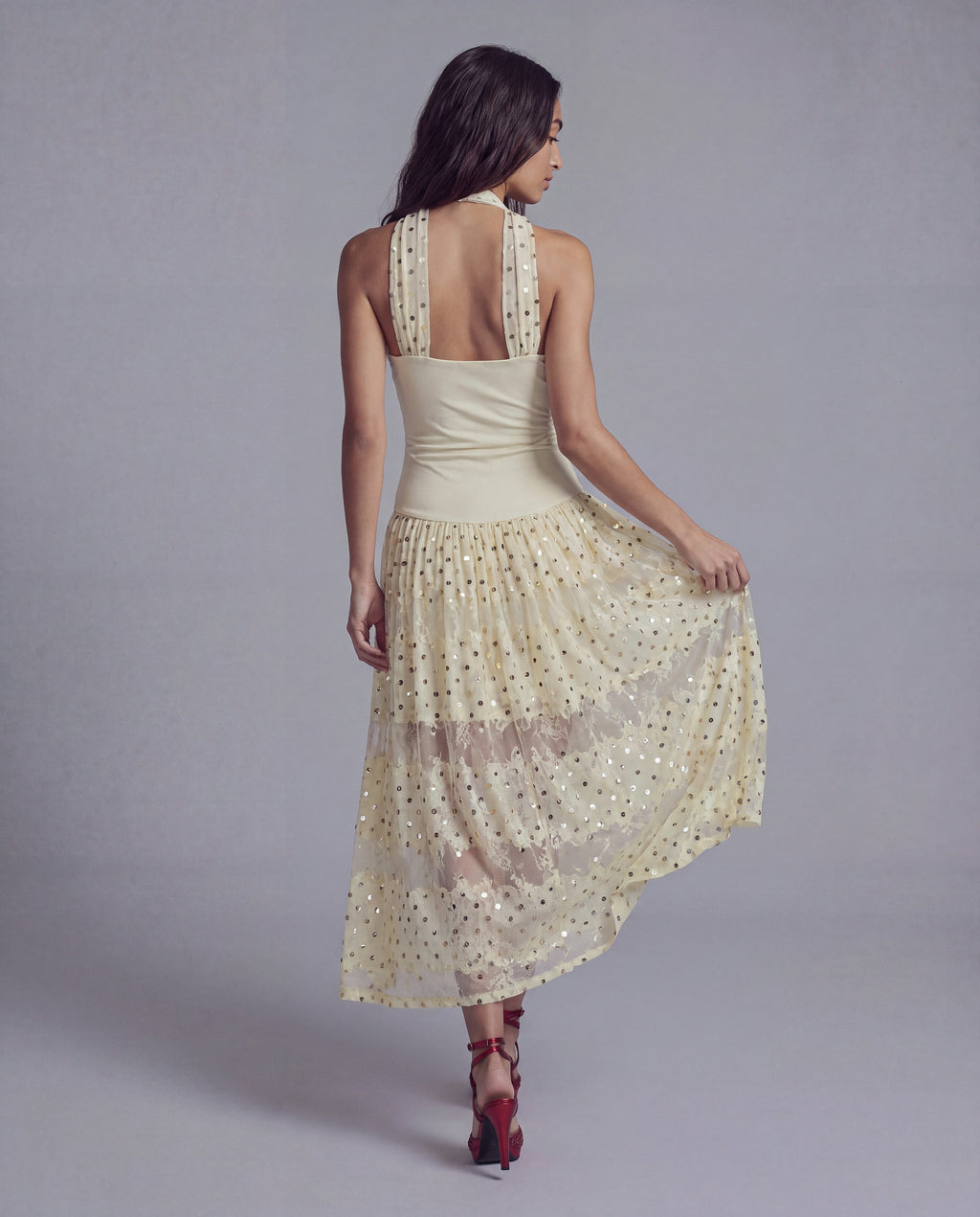 Halter Midi Dress with Sequined Mesh Overlay and Draped Bodice Detail