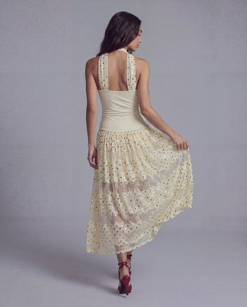 Halter Midi Dress with Sequined Mesh Overlay and Draped Bodice Detail