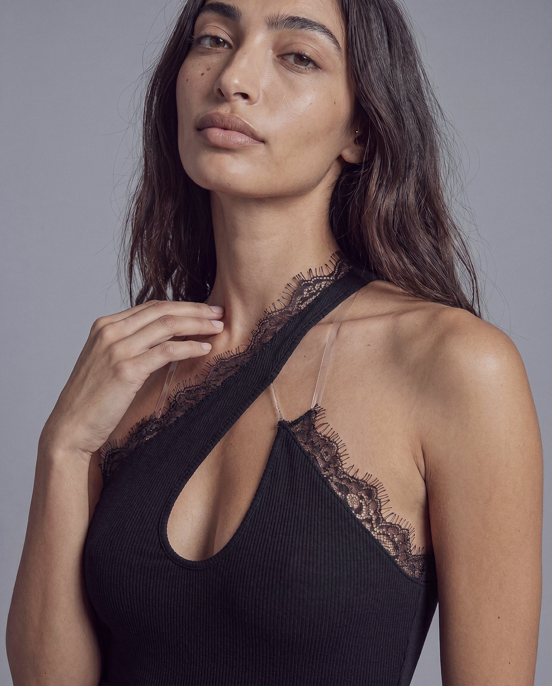 One Shoulder Bodysuit with Lace Trim and Asymmetrical Cutout Detail