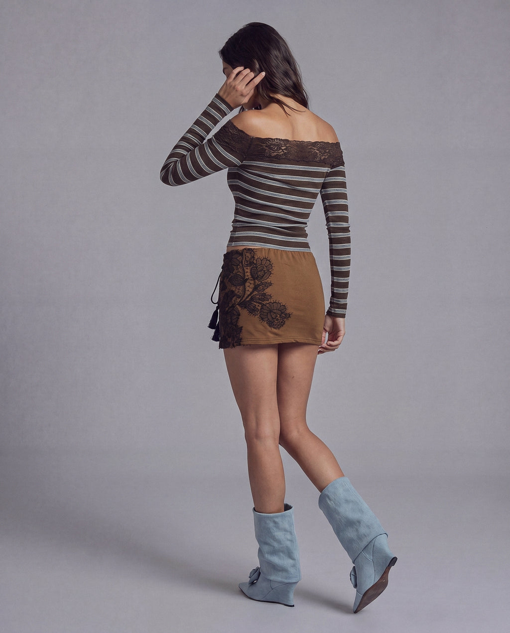Lace Overlay Mini Skirt with Tassel Tie Waist and Satin Panel Detailing