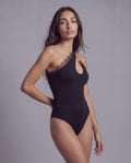 One Shoulder Bodysuit with Lace Trim and Asymmetrical Cutout Detail