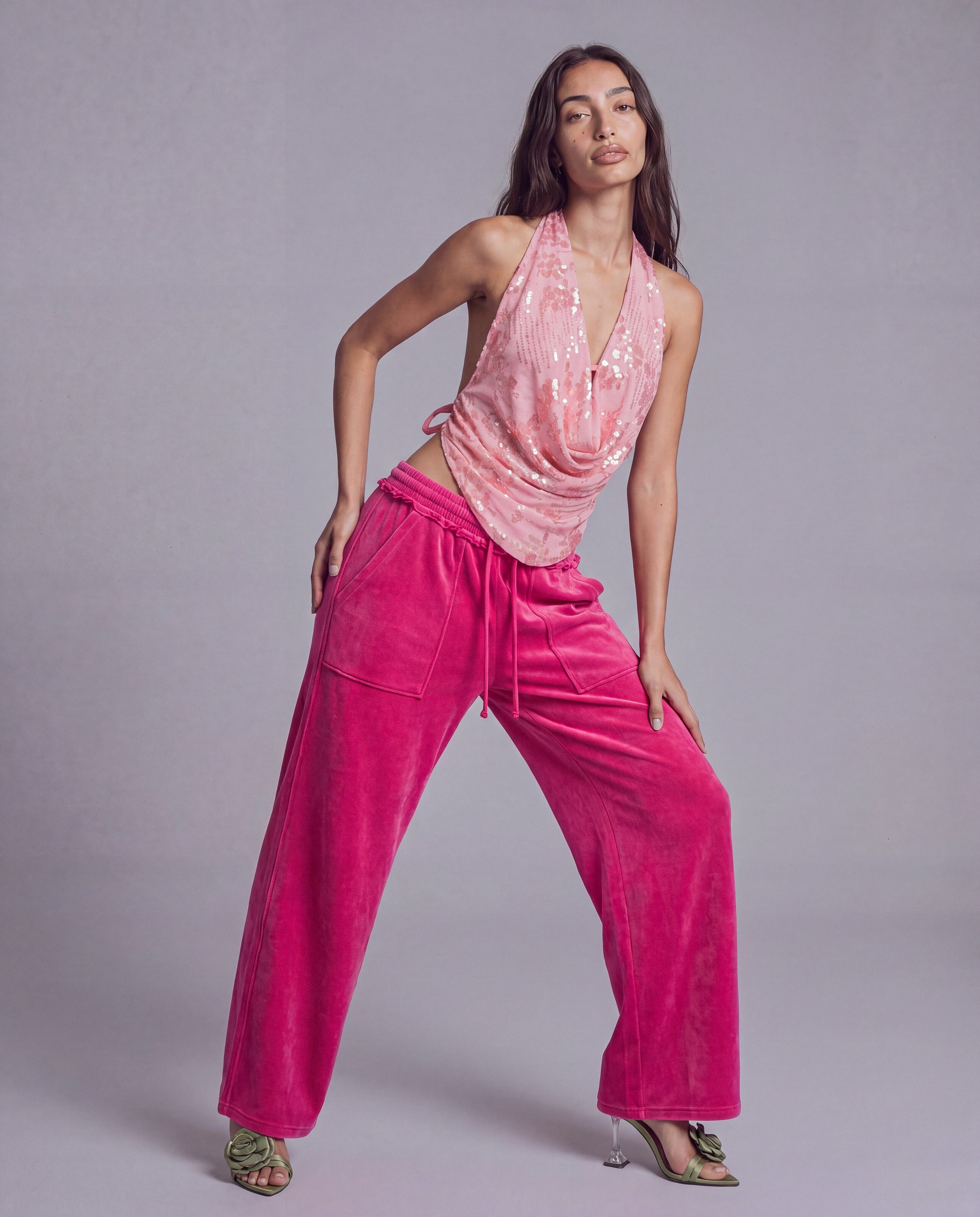 Sequined Halter Top with Draped Cowl Neck and Ruched Waist