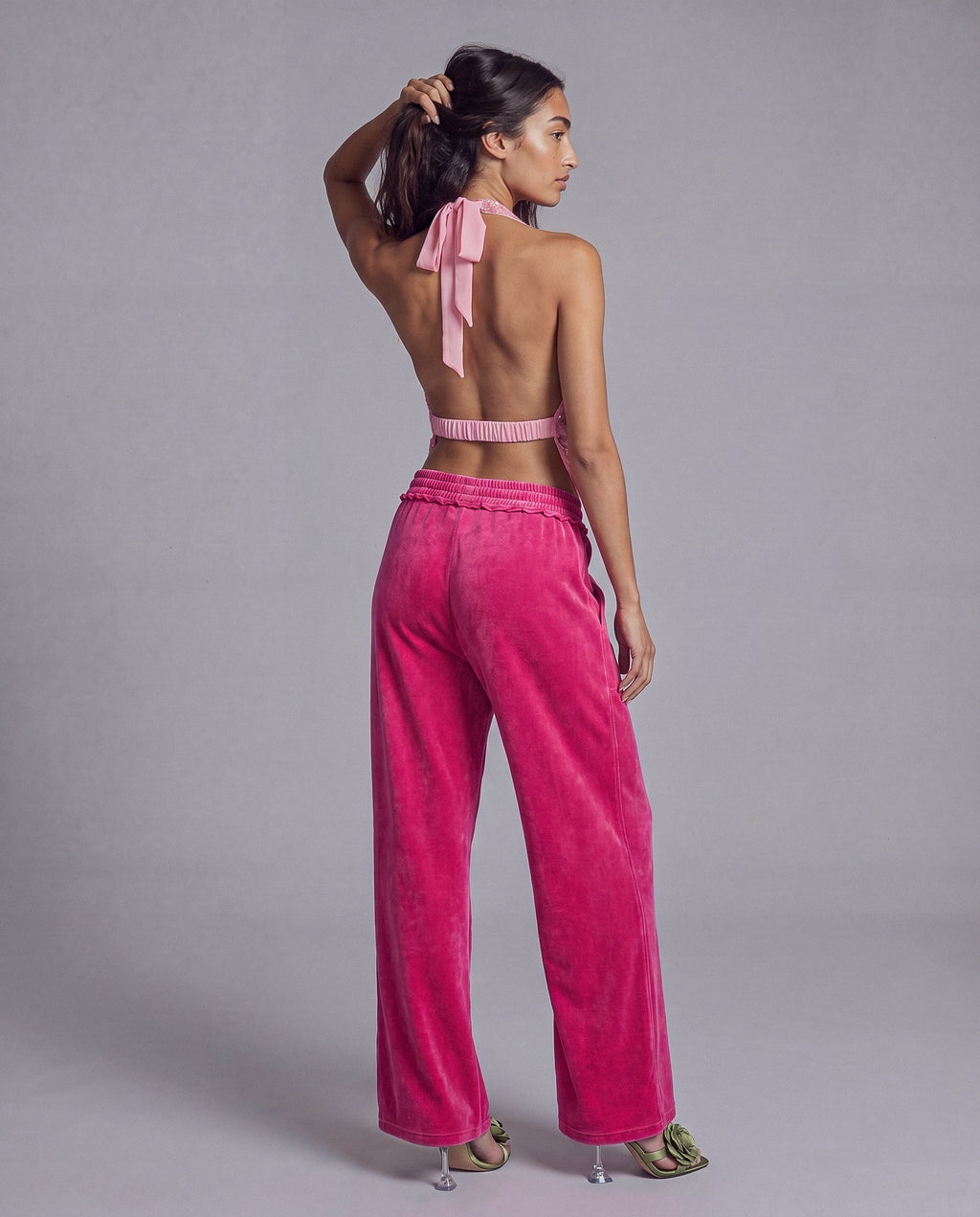 Sequined Halter Top with Draped Cowl Neck and Ruched Waist