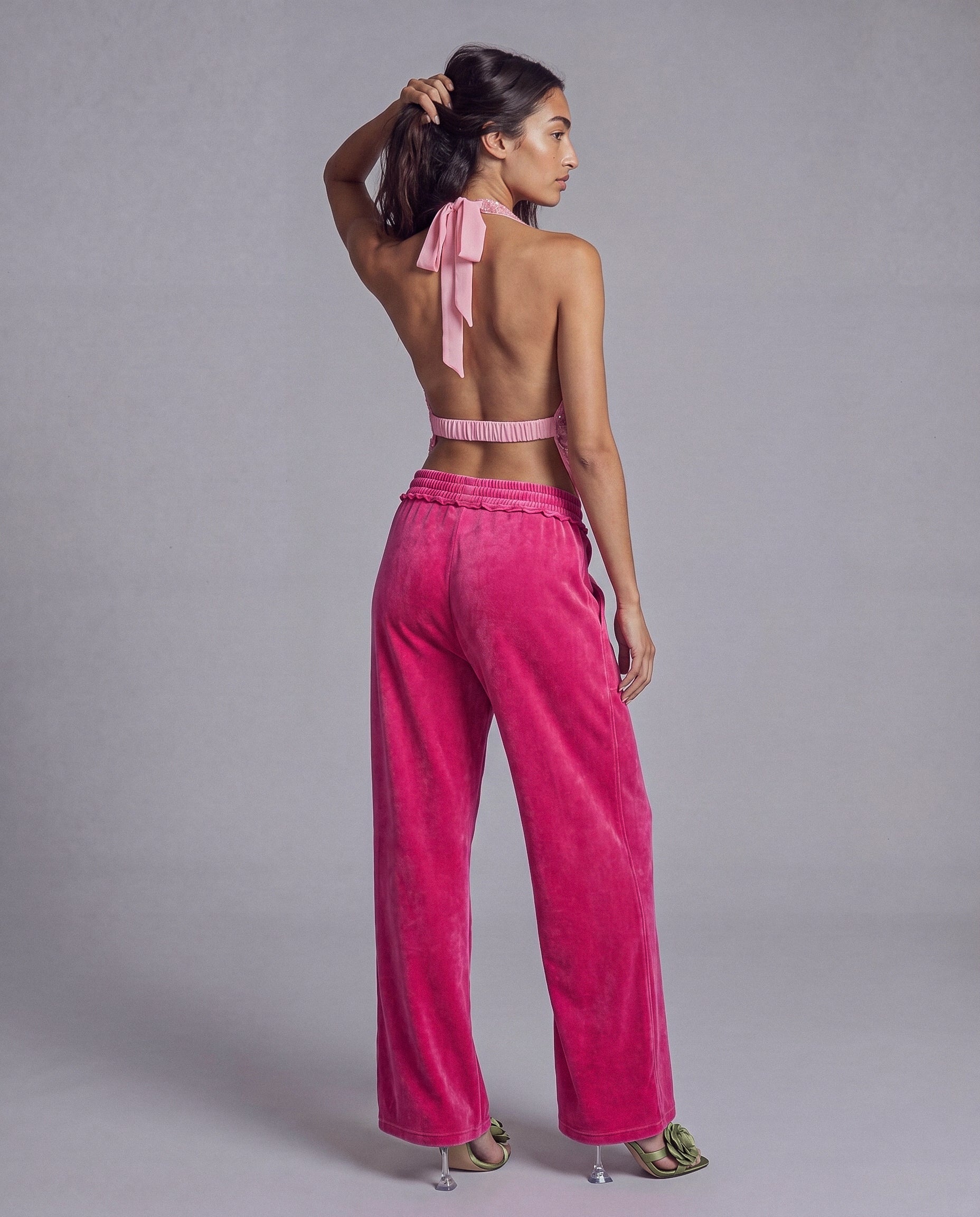 Sequined Halter Top with Draped Cowl Neck and Ruched Waist