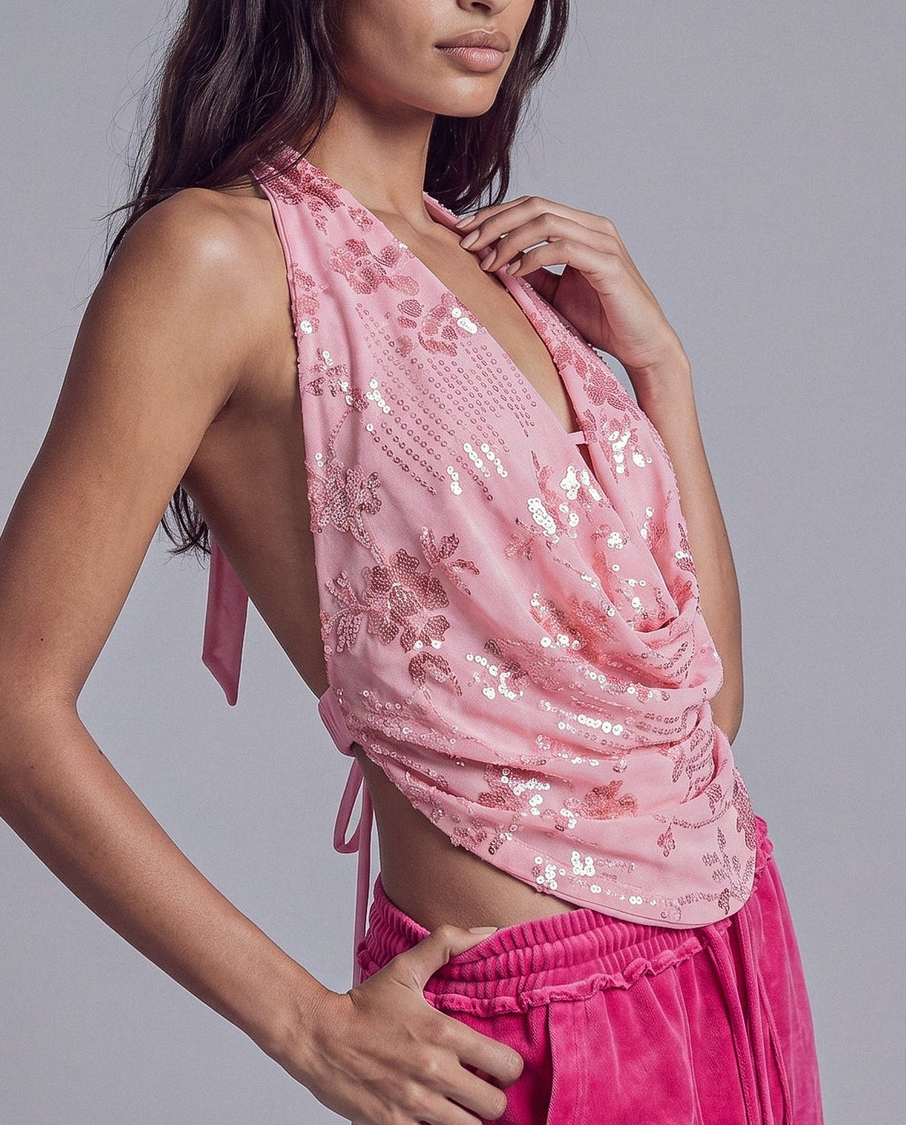 Sequined Halter Top with Draped Cowl Neck and Ruched Waist