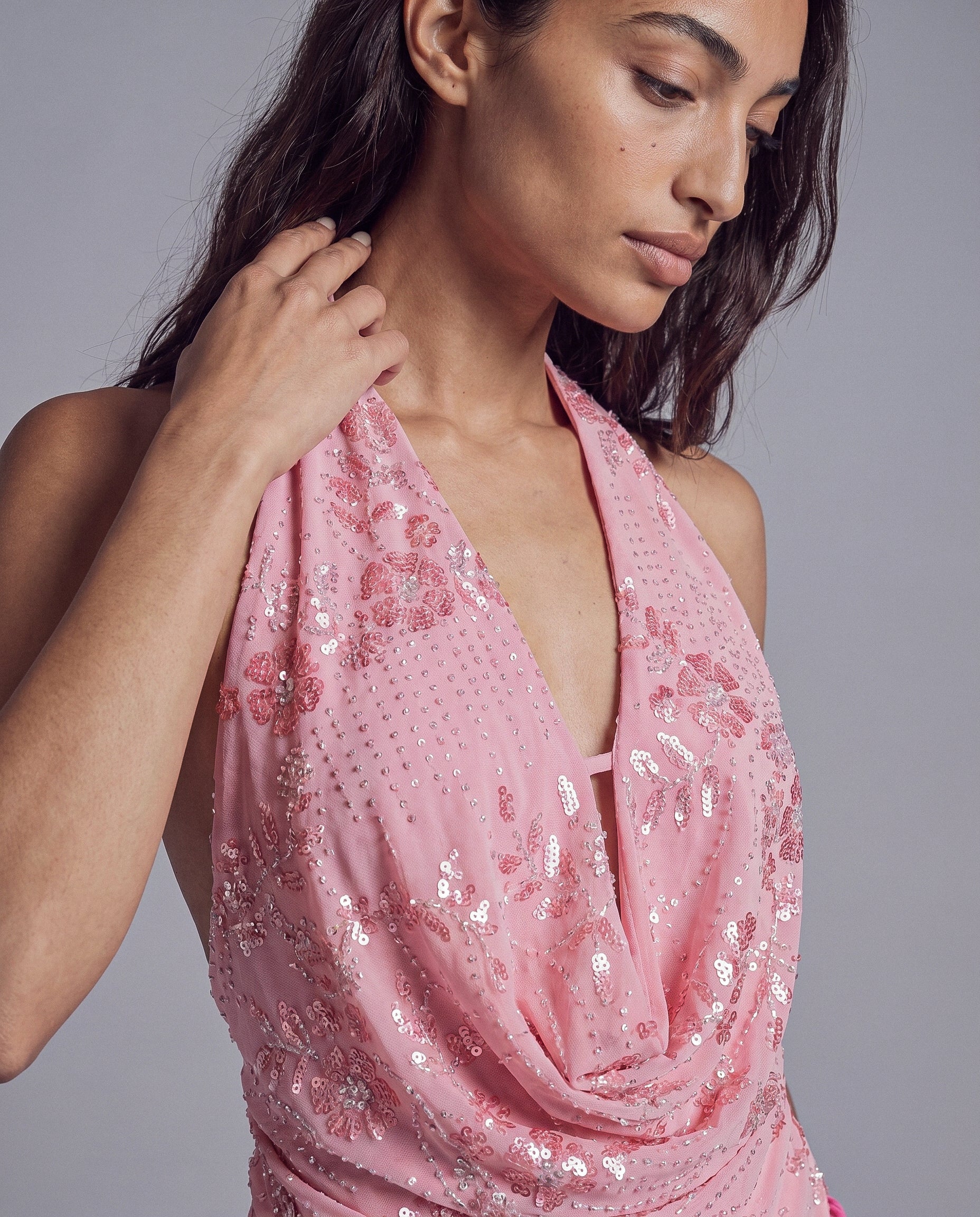Sequined Halter Top with Draped Cowl Neck and Ruched Waist