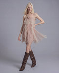 One Shoulder Tiered Tulle Dress with Rosette Appliqué and Sheer Ruffle Layers