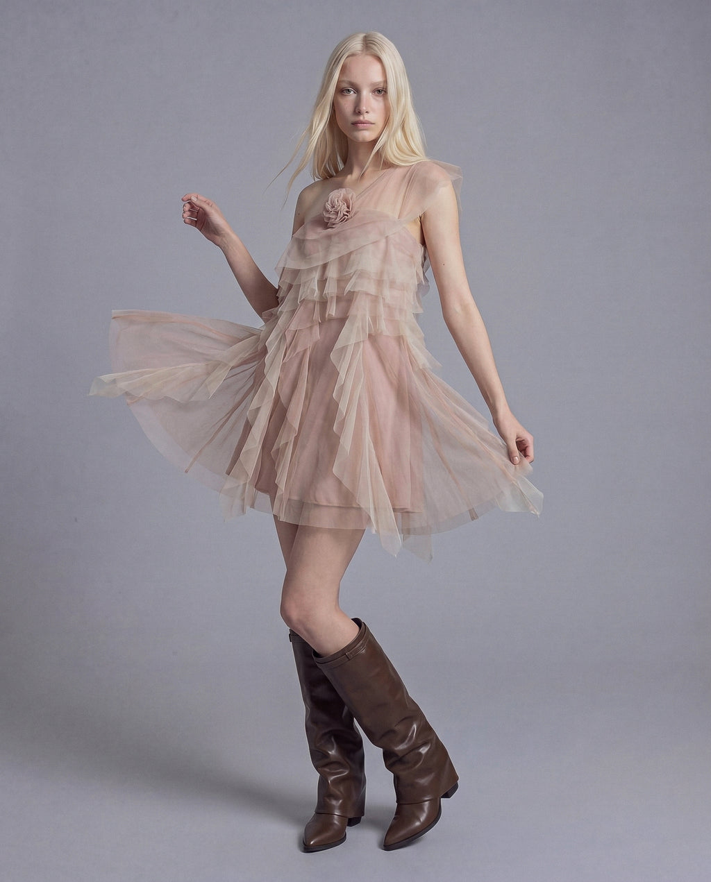 One Shoulder Tiered Tulle Dress with Rosette Appliqué and Sheer Ruffle Layers