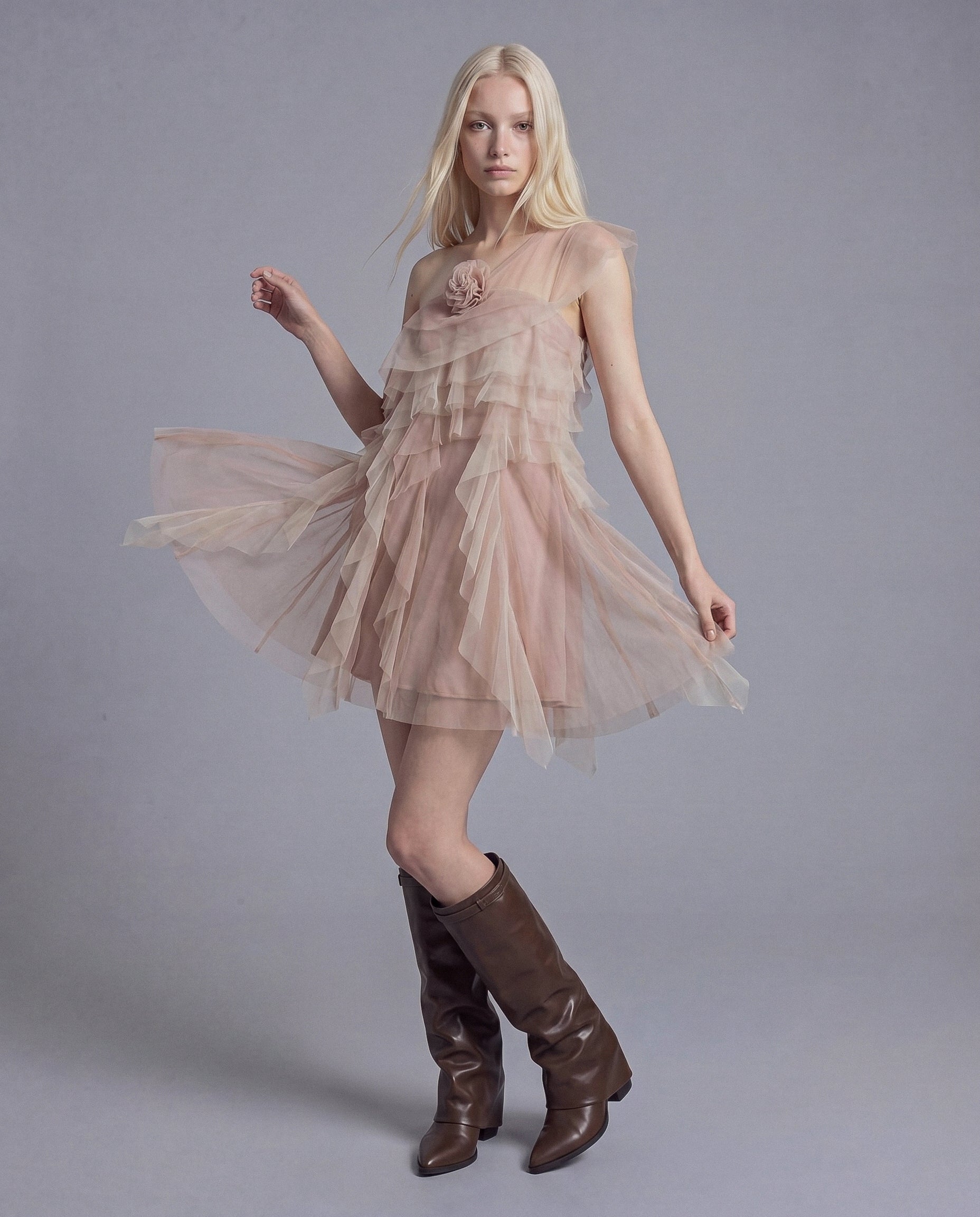 One Shoulder Tiered Tulle Dress with Rosette Appliqué and Sheer Ruffle Layers