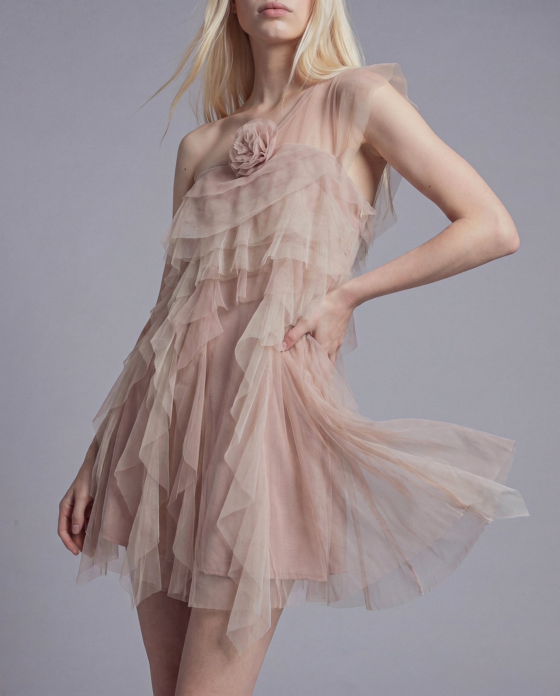 One Shoulder Tiered Tulle Dress with Rosette Appliqué and Sheer Ruffle Layers