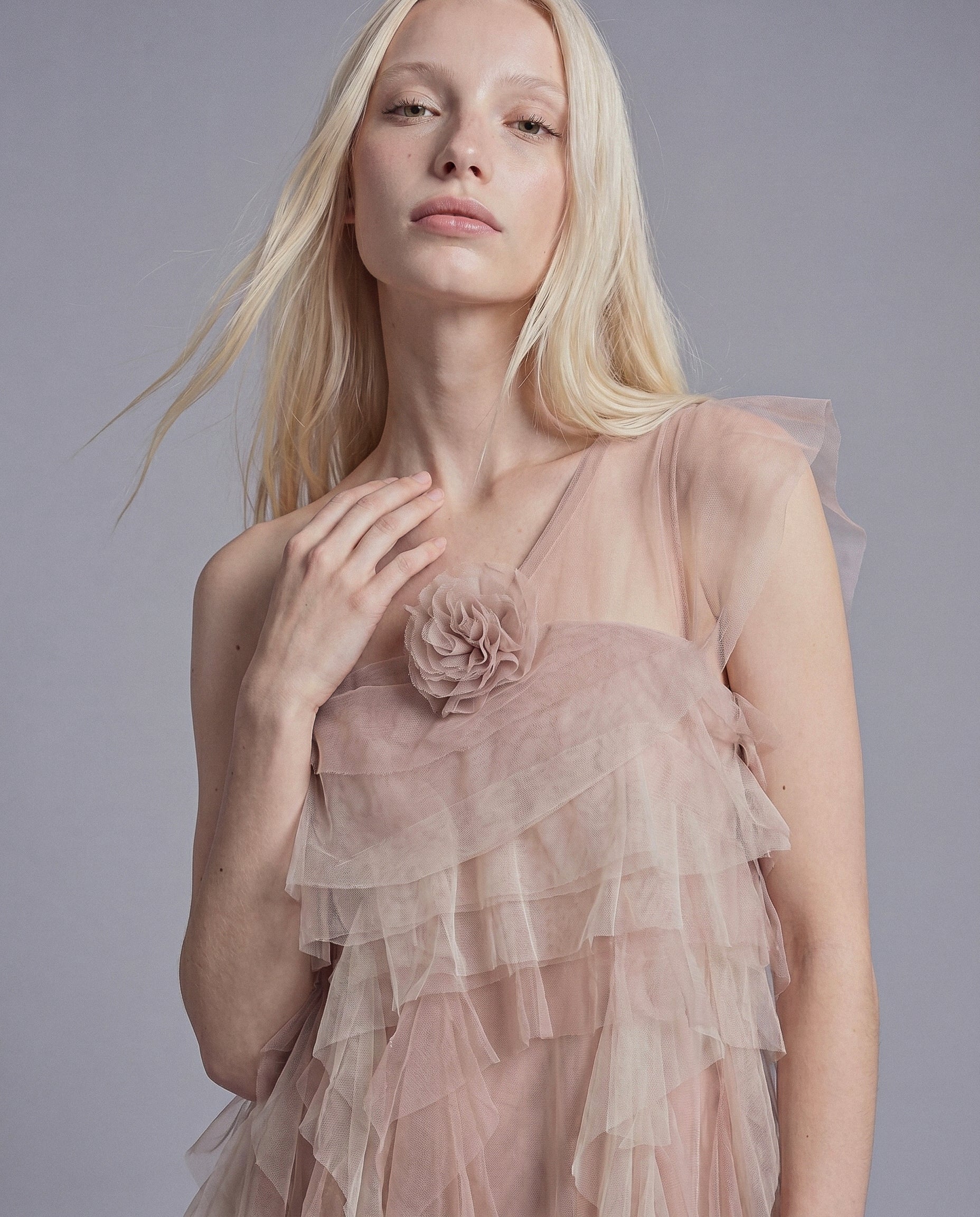 One Shoulder Tiered Tulle Dress with Rosette Appliqué and Sheer Ruffle Layers