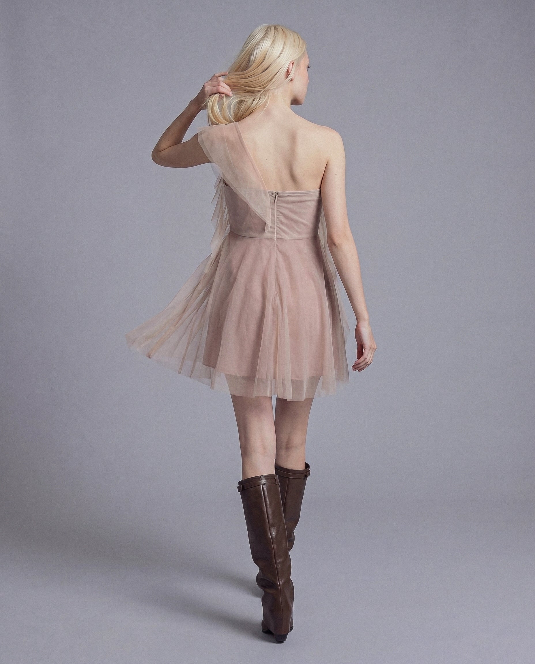 One Shoulder Tiered Tulle Dress with Rosette Appliqué and Sheer Ruffle Layers