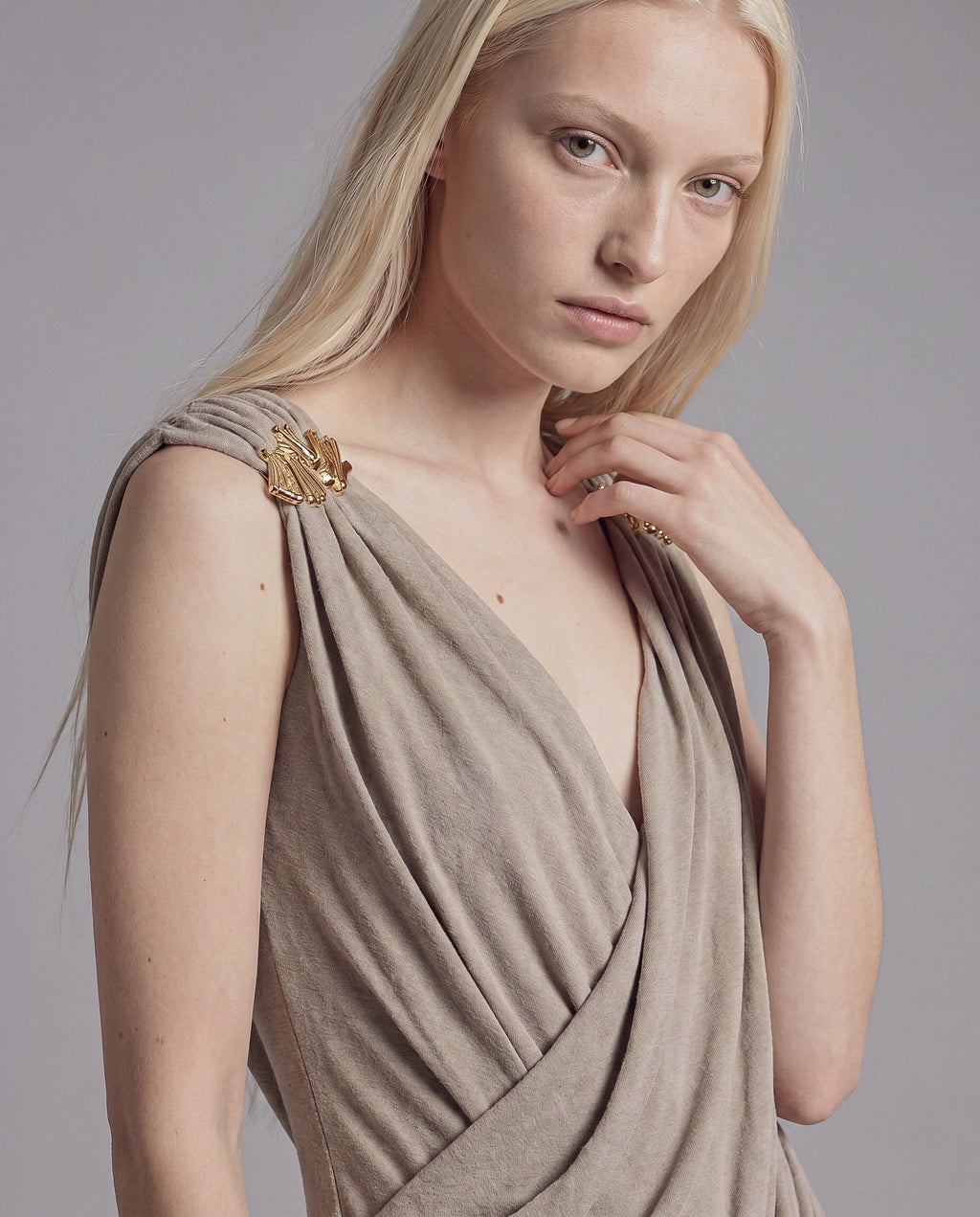 Draped Mini Dress with Ruched Skirt and Gold Shell Shoulder Hardware