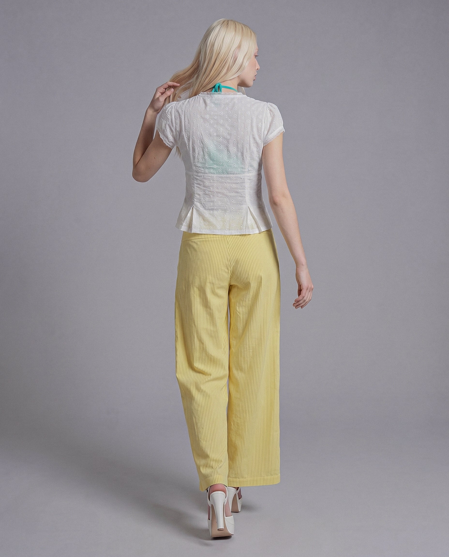 Eyelet Lace Short Sleeve Top with Deep V Neck and Scalloped Trim
