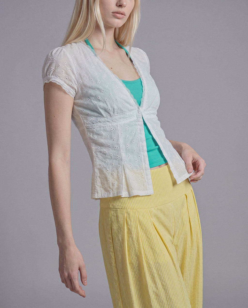 Eyelet Lace Short Sleeve Top with Deep V Neck and Scalloped Trim