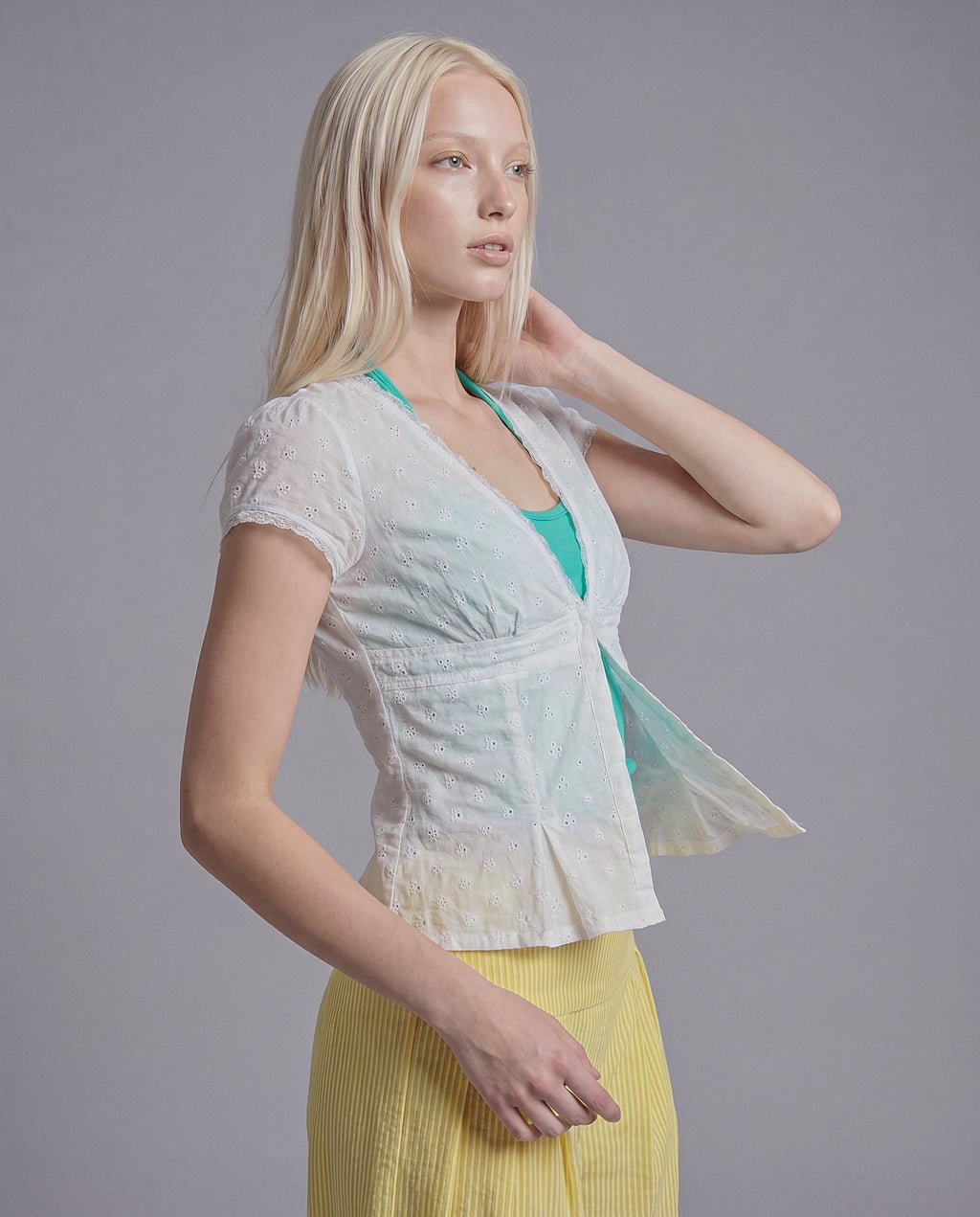 Eyelet Lace Short Sleeve Top with Deep V Neck and Scalloped Trim